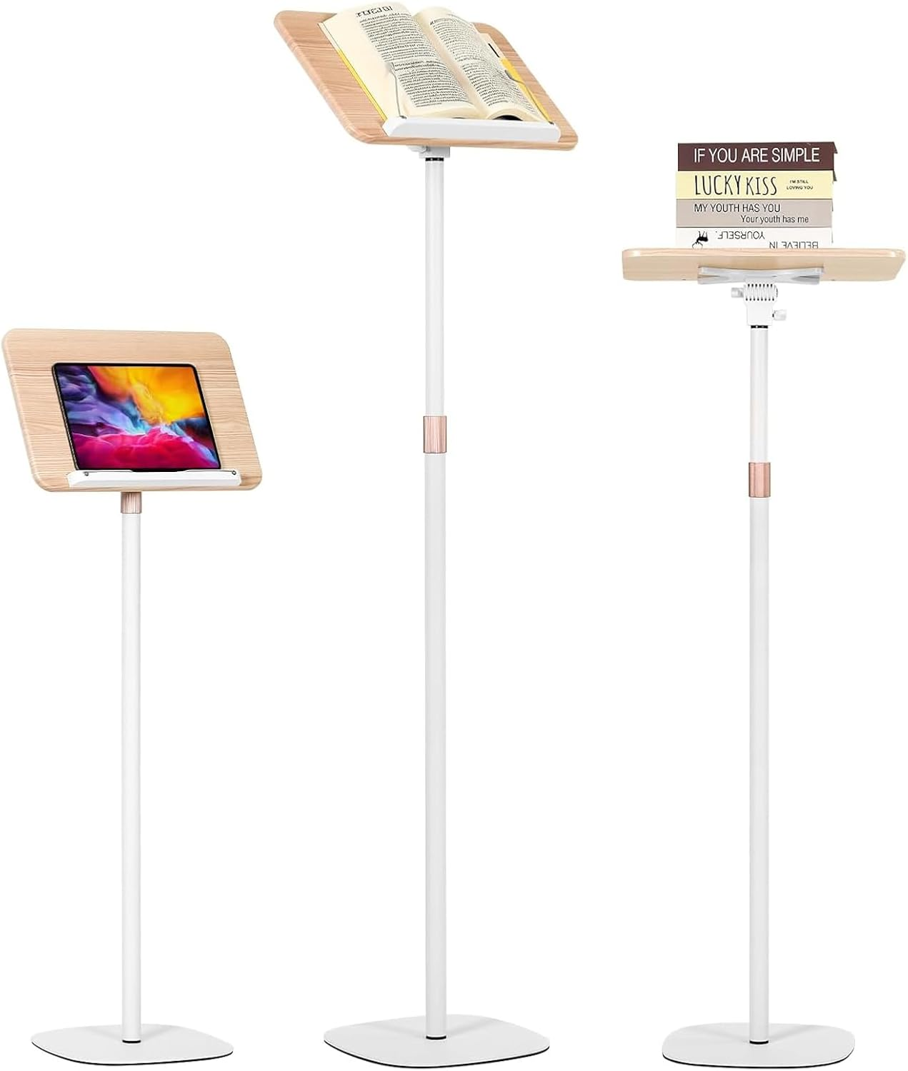 Uandhome Adjustable Book Stand for Reading (50-170CM),180&deg; Rotating Hands,Free Folding Flexible Book Holder with Page Clip for Quran,Cookbooks,Magazines,Textbook,Laptop(Walnut&Black) (Wood&White)