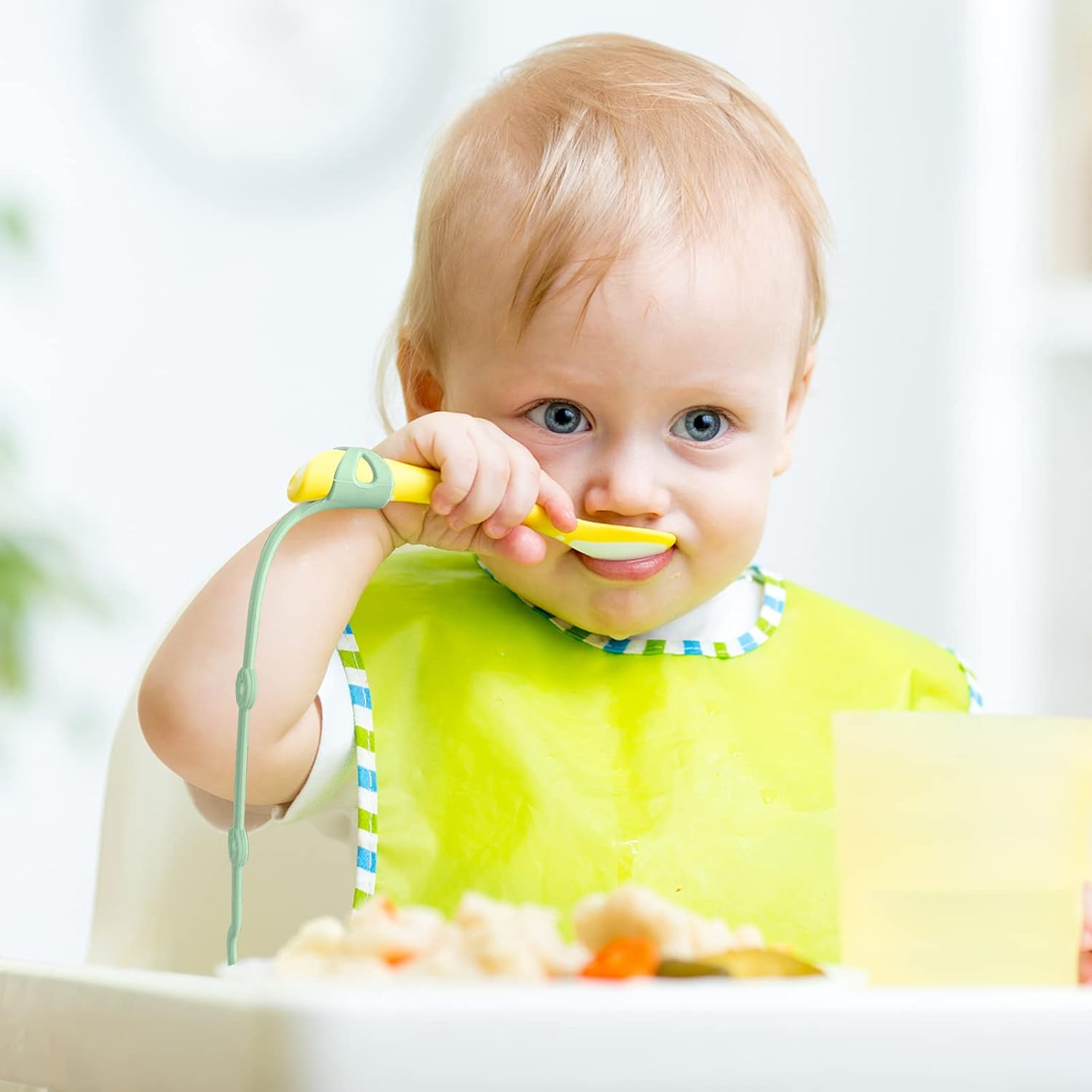 Baby Spoons Self Feeding 6+ Months Holder Strap Highchair Accessories- Feeding Aid for Keep Spoon and Forks Set Close at Hand and off the Ground(Green)-No Spoon image number 6