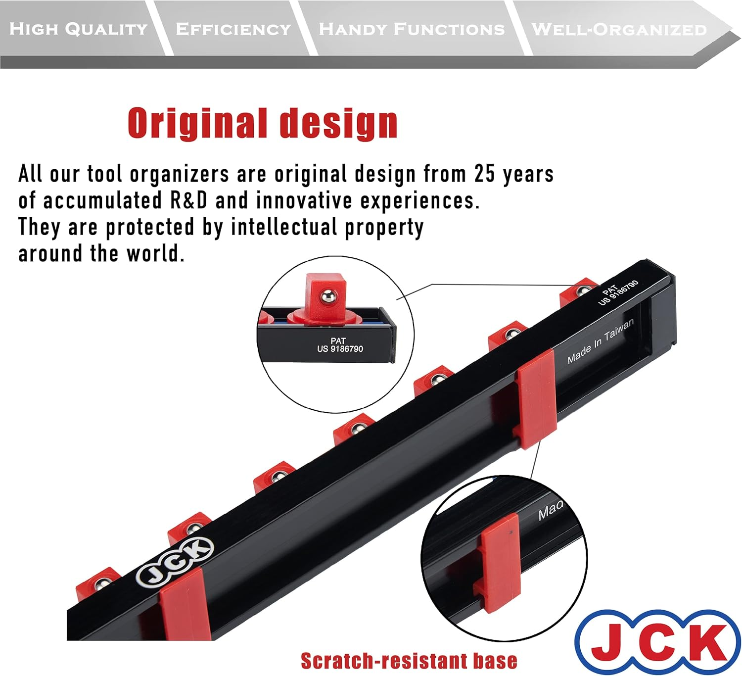 JCK Professional Quality Aluminum Single Rail Socket Organizer (Line-Strip Series) with 360 Degree Rotary Studs Black & Orange & Blue for Metric/Imperial 1/2" Sockets Storage image number 6