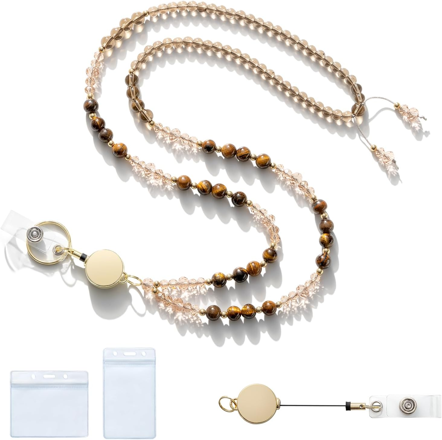 MORSUNBELA ID Card Holder Lanyard Work Card Lanyard Retractable Beaded for Women Badge Holders Keys Necklace Cute Long Lanyard Coffee Color image number 2