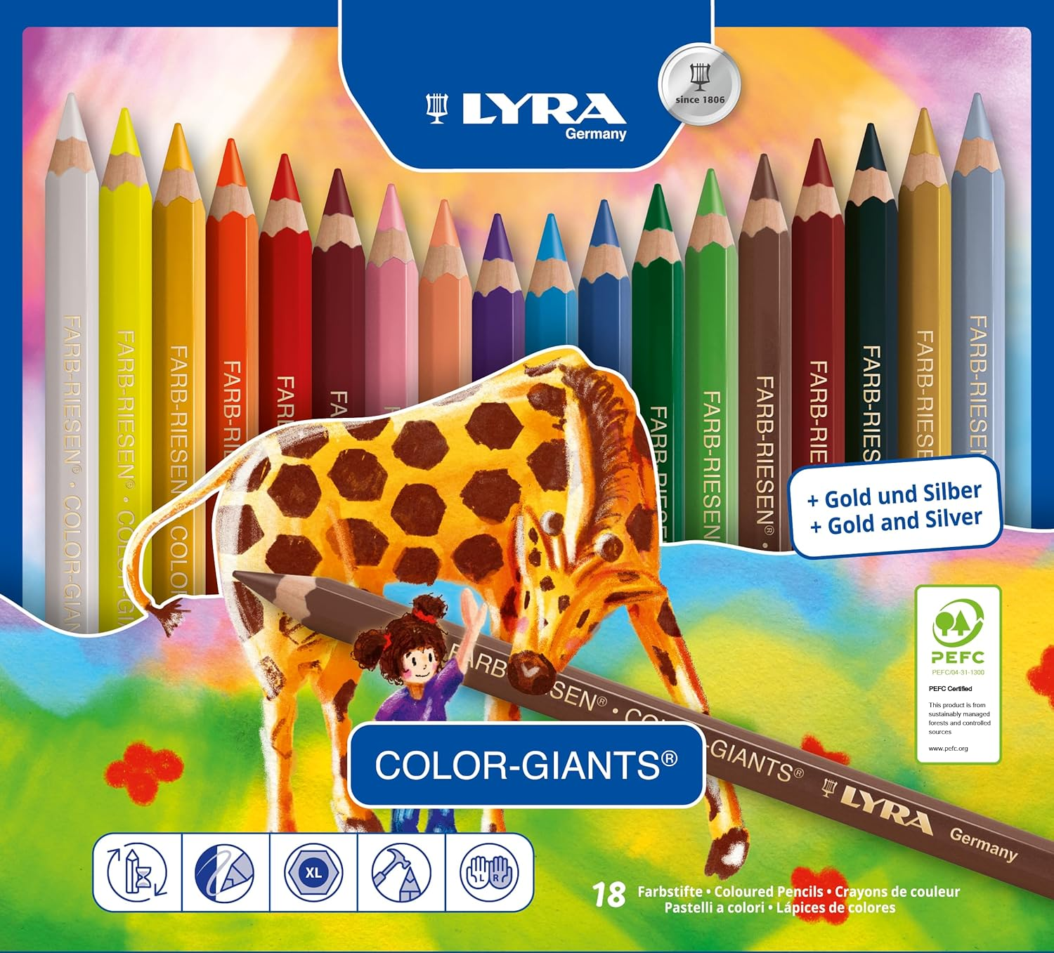 LYRA Color-Giants Lacquered Colored Pencils, 6.25Mm Cores, Set of 12, Assorted Colors (3941120)