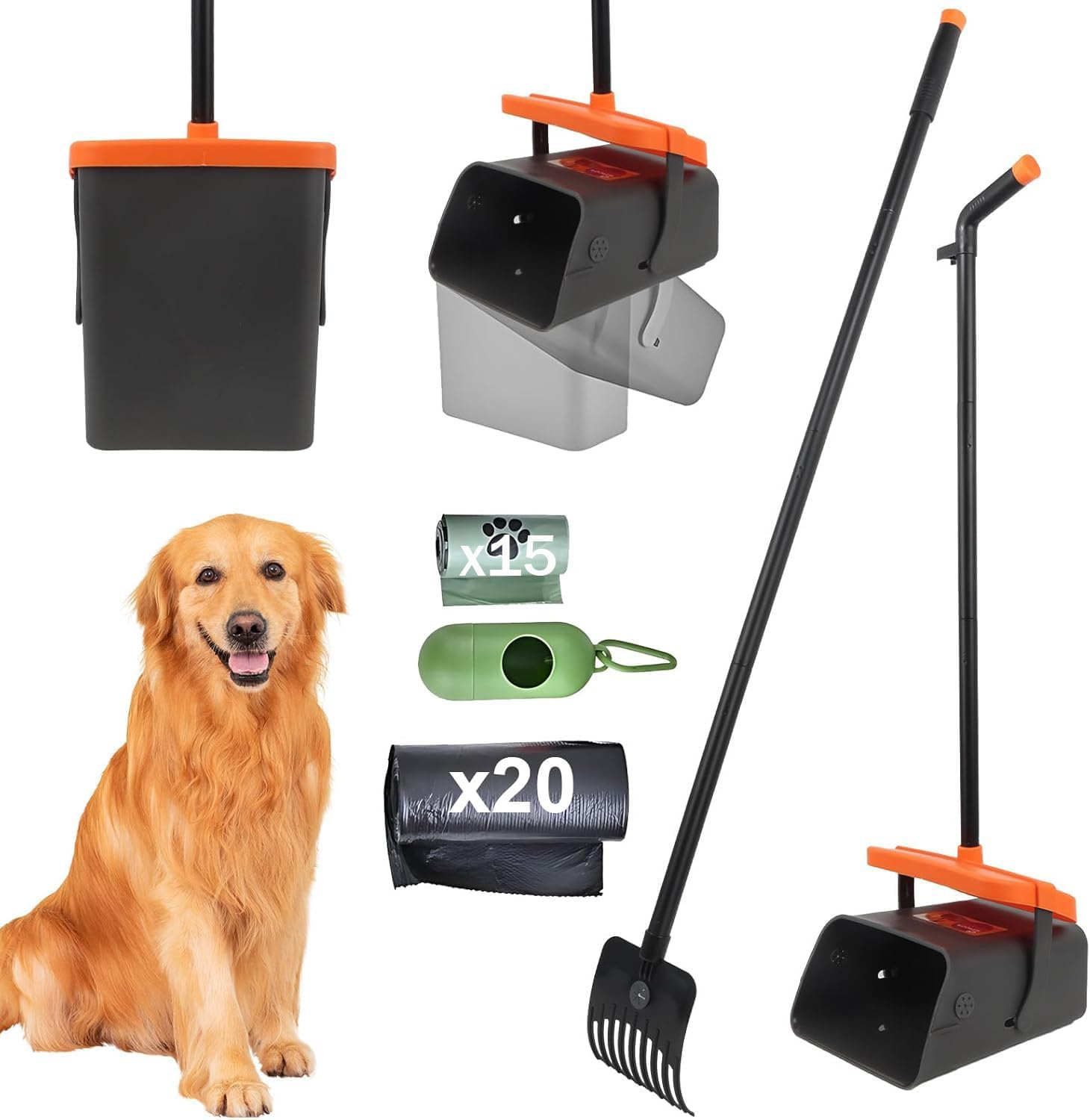 Pooper Scooper, Large Swivel Dog Poo Bin with Lid, 46" Adjustable Long Handle Dogs Poop Scoop with Waste Bags, Pet Waste Use for Garden, Yard, Grass, Dirt or Gravel - Easy to Clean Pet Supplies image number 1