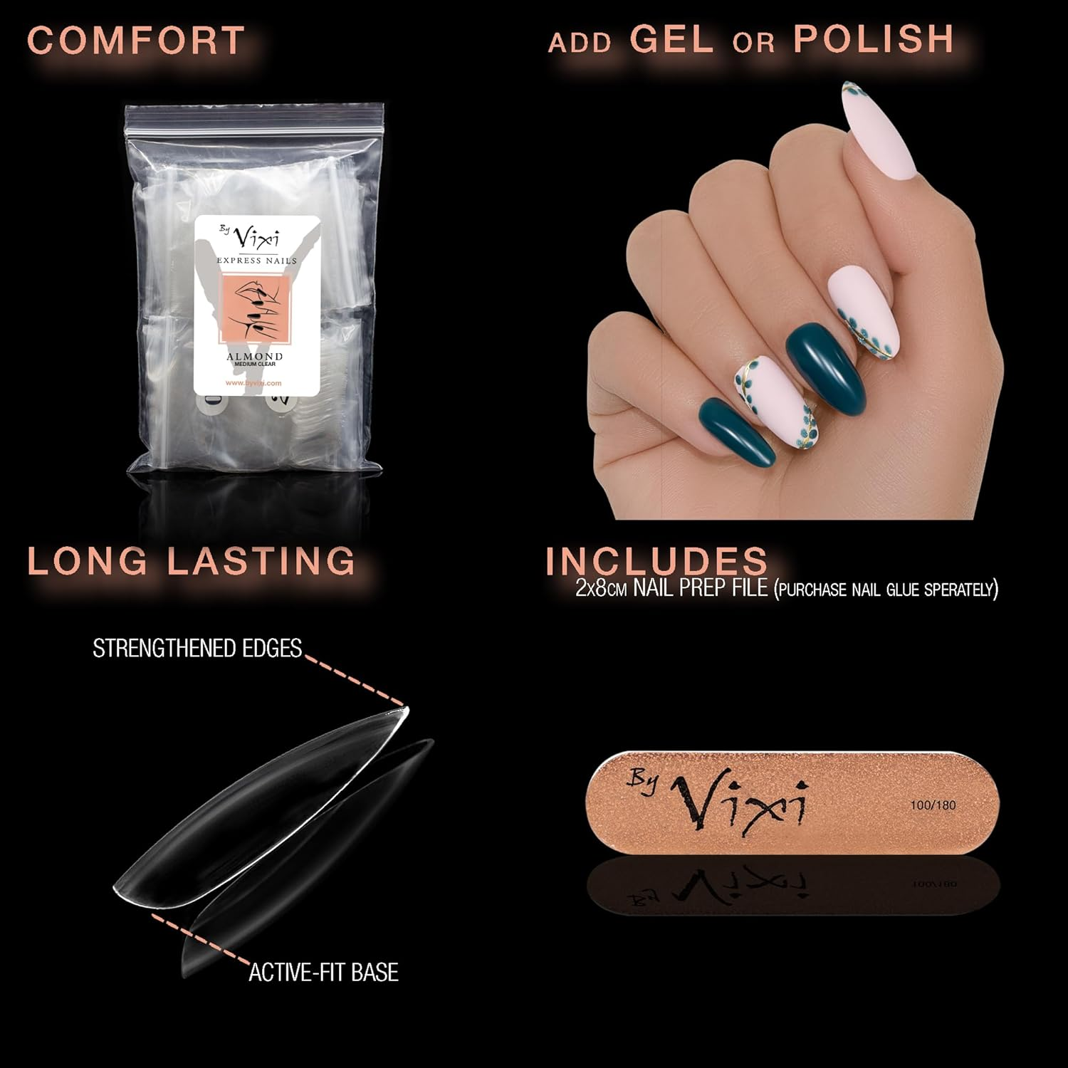 By Vixi 600 MEDIUM ALMOND NAIL SET with PREP FILE, 10 Sizes &ndash; Clear Express Full Cover False Fingernail Extensions for Salon Professionals & Home Use - Coffin Long image number 6