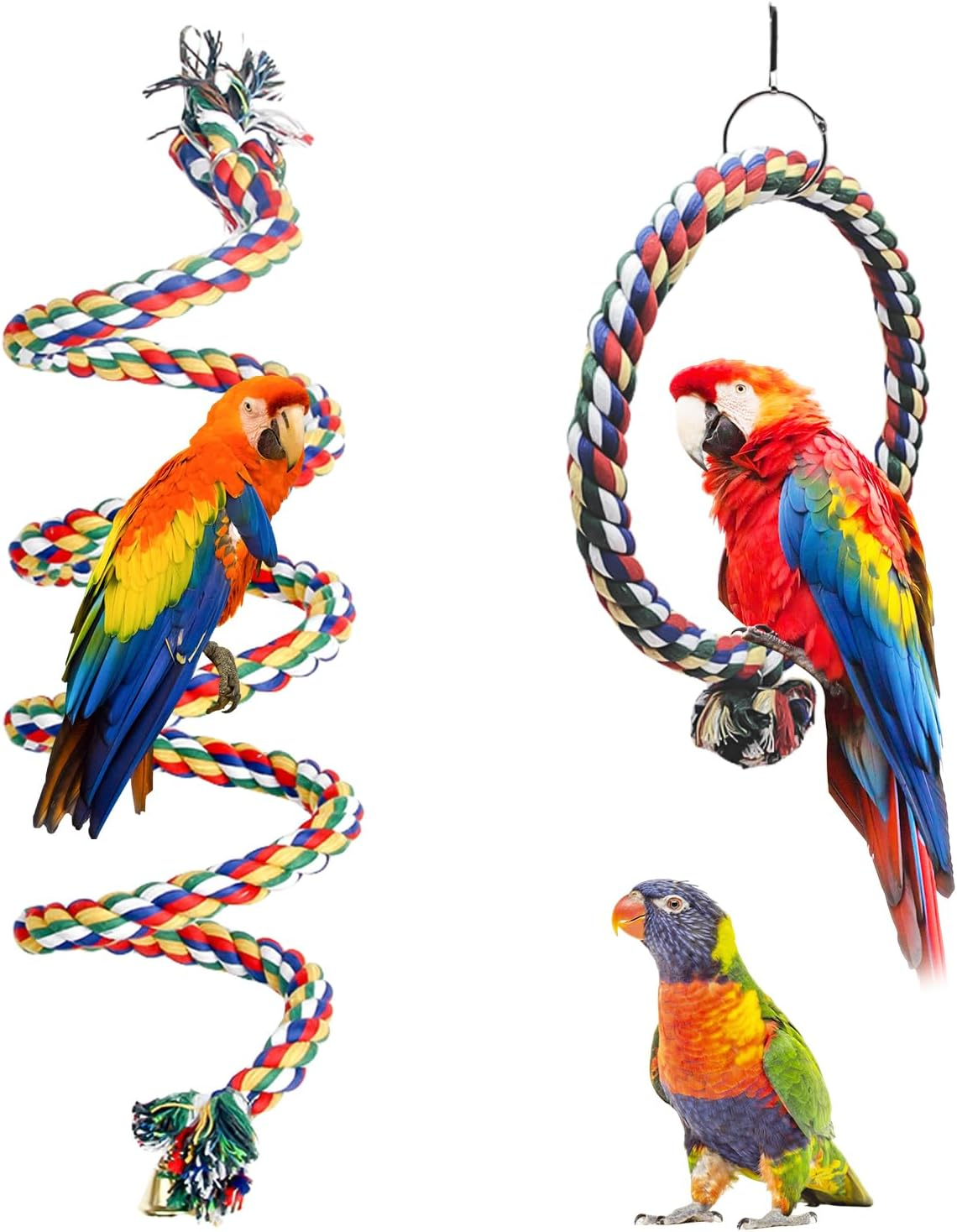 HOMURY Pack of 2 Bird Climbing Ropes: 150 Cm Parrot Colourful Spiral Cotton Rope, Diameter 18 Cm Parrot Toy Circle Ring Swing, Climbing Rope for Budgies, Cockatiels and All Birds image number 2