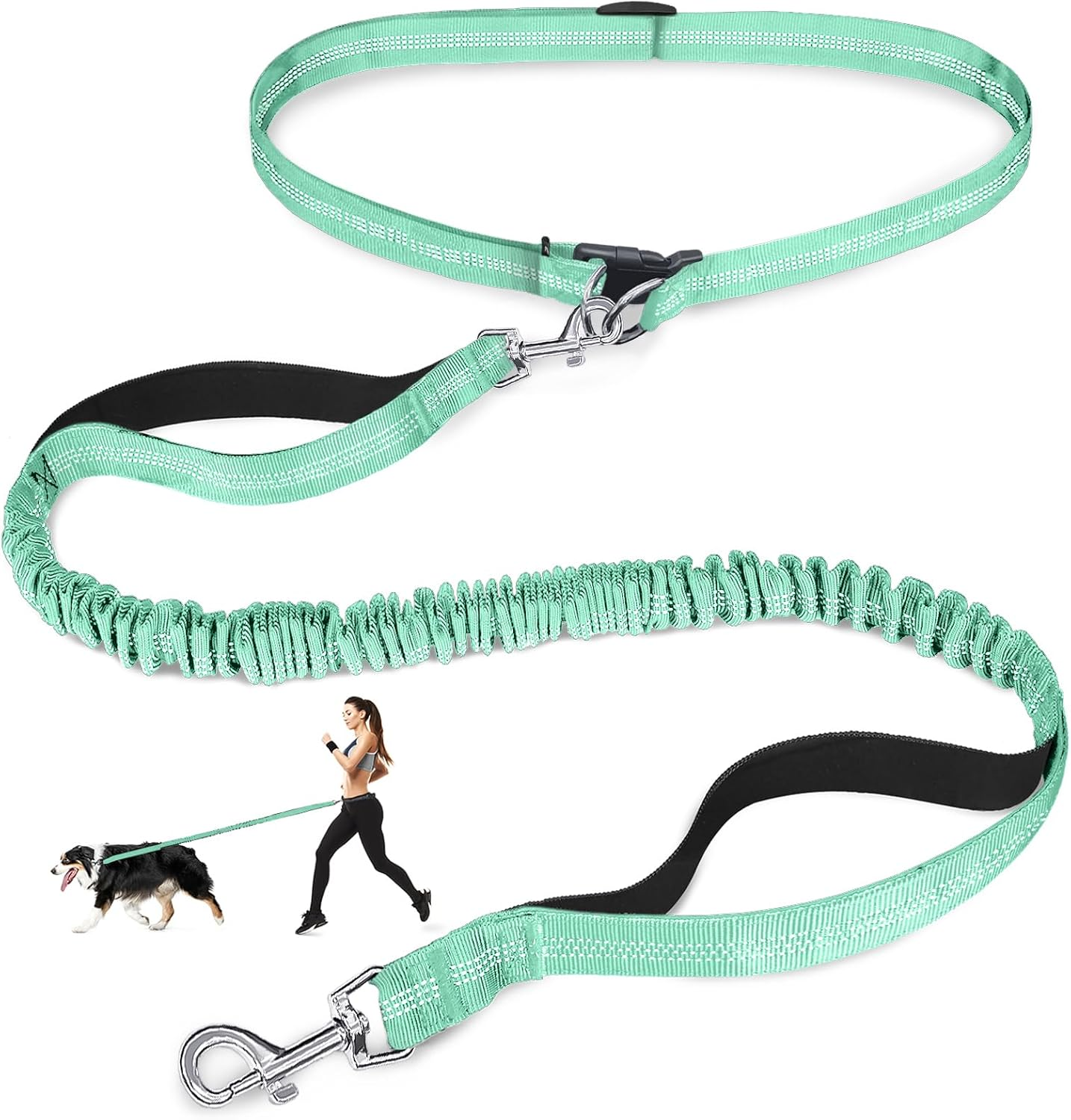 Hands Free Dog Leash, Adjustable Waist Leash for Dog Walking, Dual Handle Bungee Dog Leash 4.2-6.7 Feet Long with Reflective Stitches for Walking Hiking Running, Fits 34-61 Inch Waist, Black & Bule - Army Green image number 2