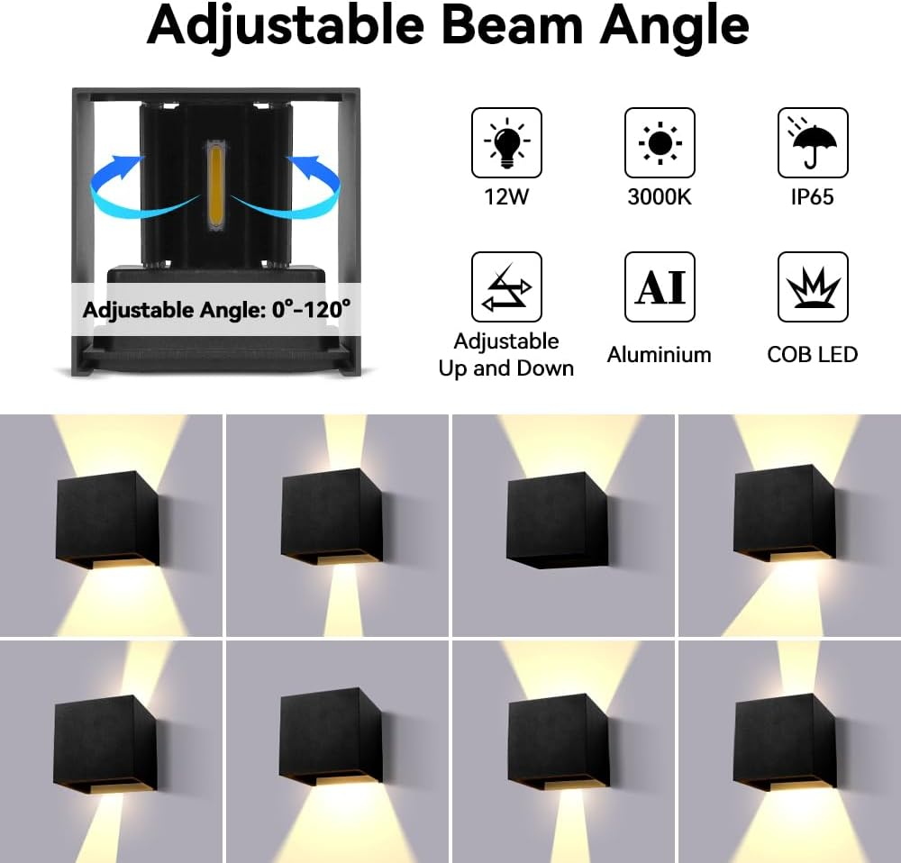 YICALE 4Pcs Outdoor Wall Lamp, 12W IP65 Waterproof Outdoor Wall Lamp, 3000K Warm White, Adjustable Angle Light, Black Wall Light, for Patio, Stairs, Balcony, Garden, Porch