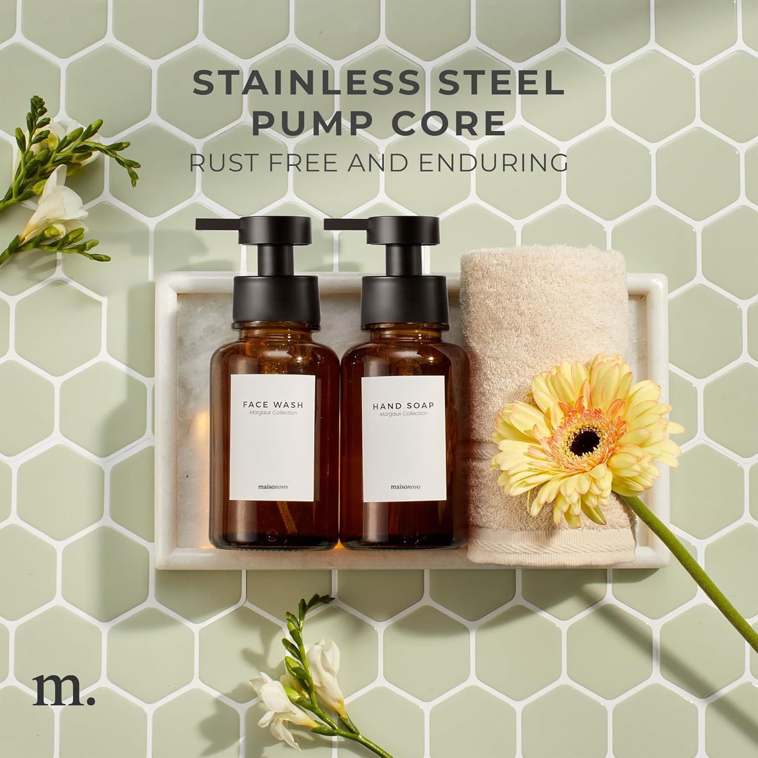 Maisonovo Glass Foaming Soap Dispenser 14 Oz | Amber Glass Black Pumps X 2 - Black Glass Plastic Pump X 2 image number 4