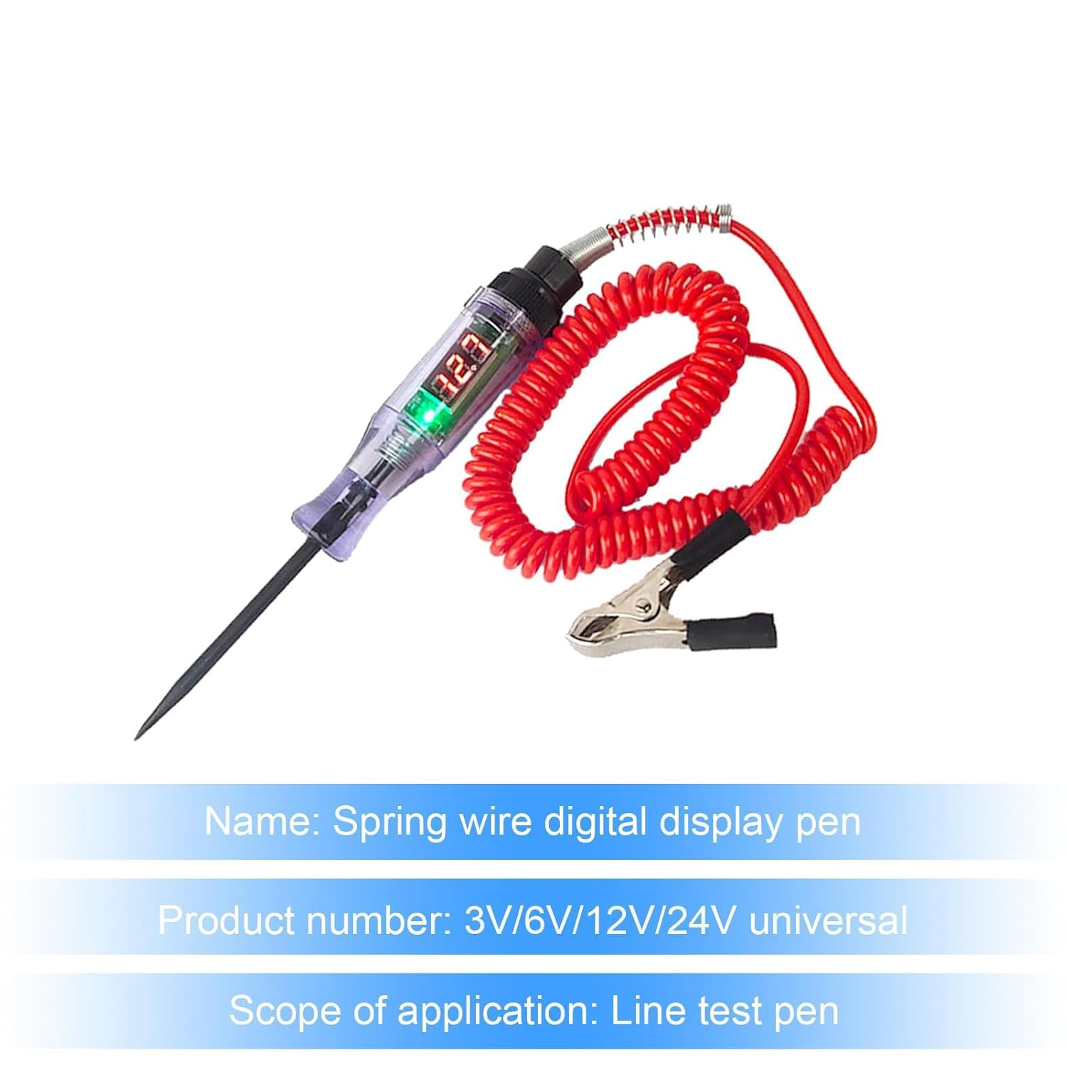 Digital Circuit Test Pen, 6V-24V DC Vehicle Tester, 1.8M Extendable Spring Wire, LED Display