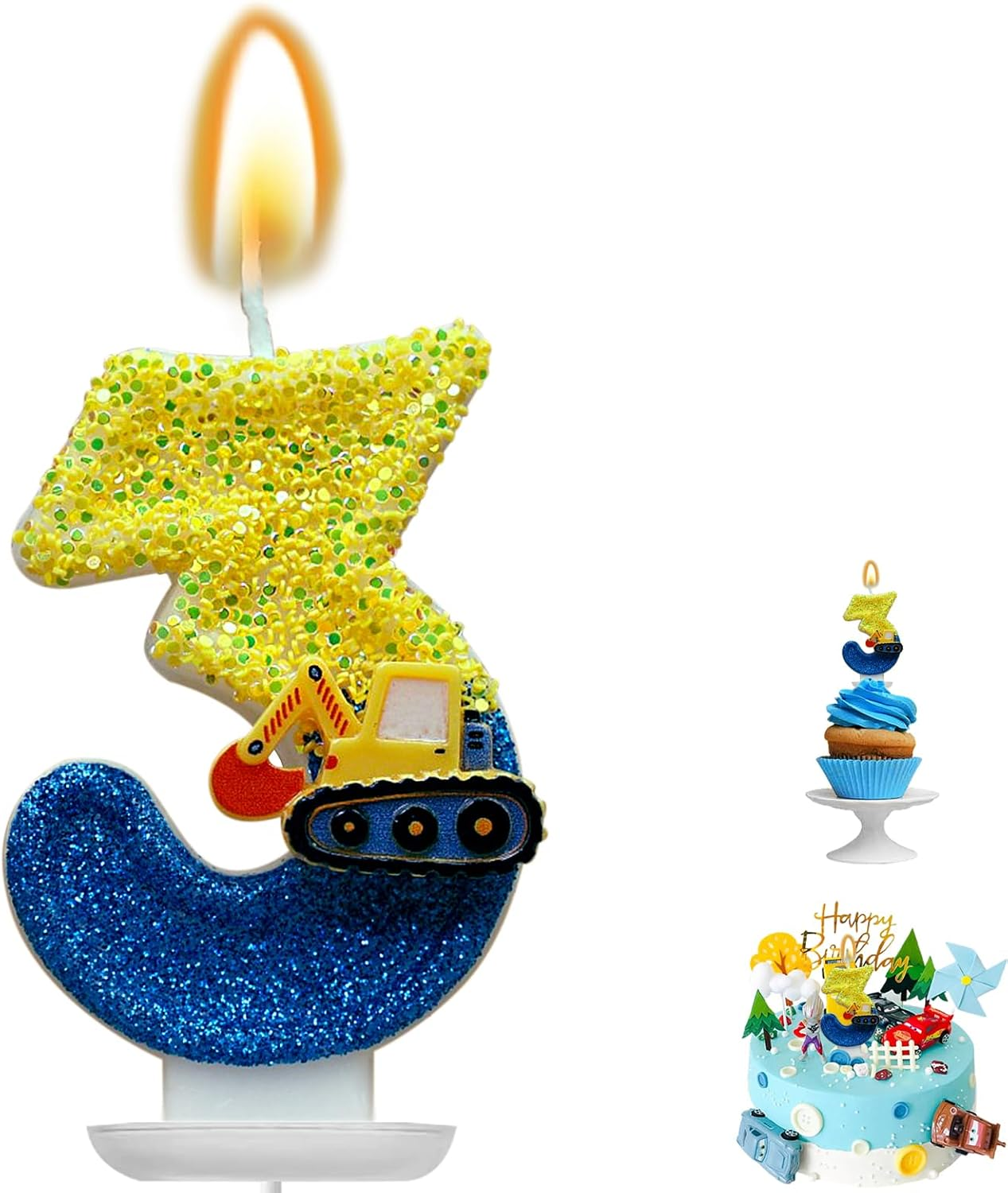 Number 3 Birthday Candles with Excavator Design - DIY Number Cake Decorations for Boys, for 3Rd Birthday Party image number 6