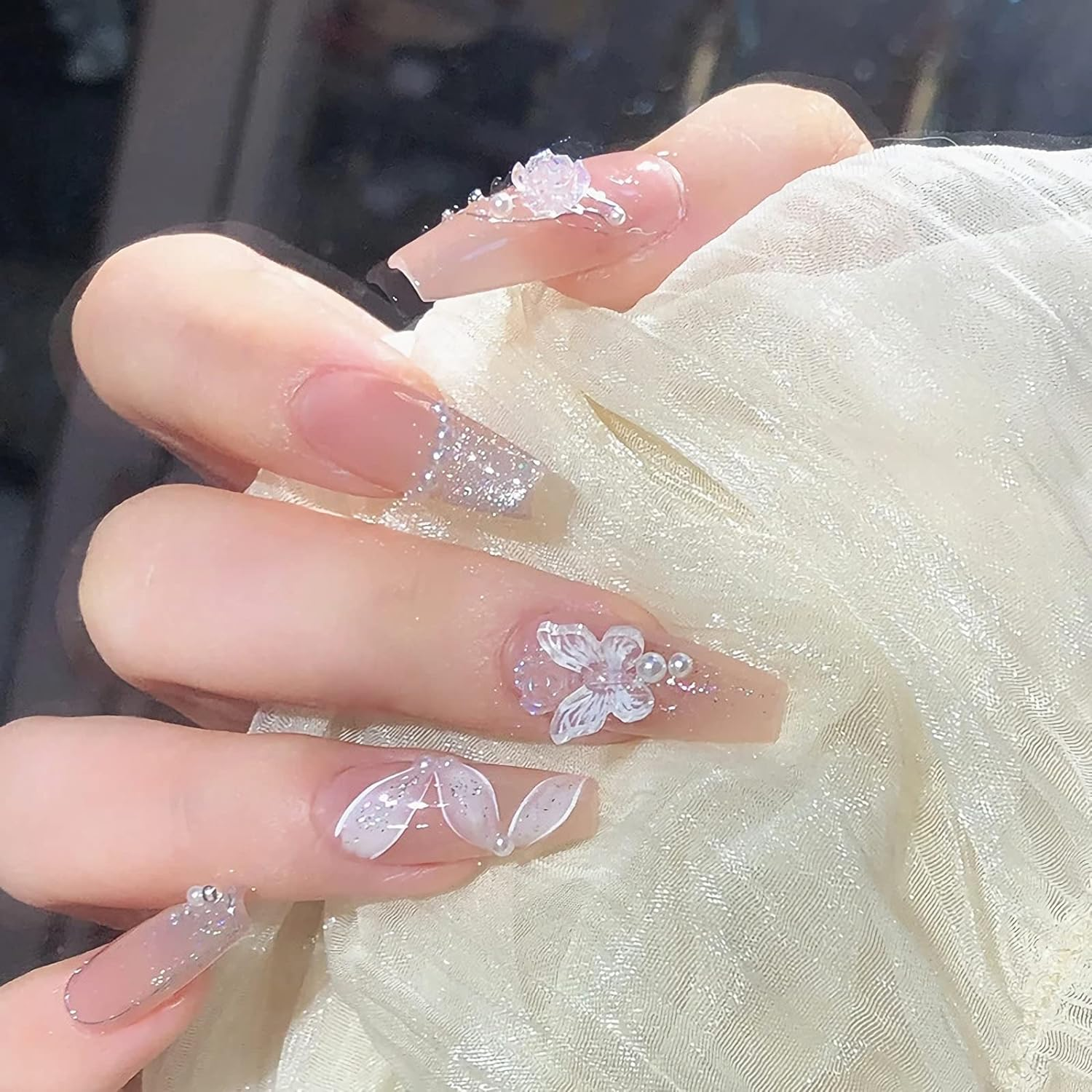 Long Press on Nails Glitter Acrylic Nails with Butterfly Design Coffin Fake Nails Nude Nails