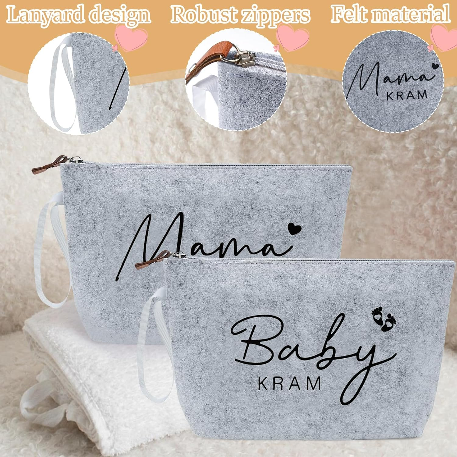 Pack of 2 Gifts for Expectant Mothers, Baby Shower Mom Bag, Cosmetic Bag Made of Felt with Zip, Gifts for Birth Felt Bag for Mum, Pregnancy Gift for New Mum, NO, No image number 3