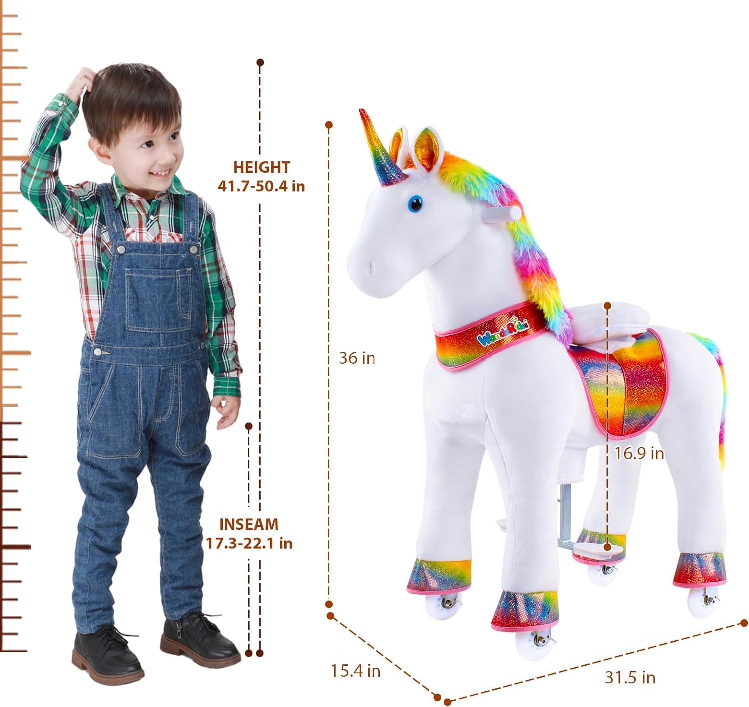 Wonderides Ride on Unicorn Plush Horse Toy for Girls Walking Animal Giddy up Pony Medium for Age 4-9 (35.8 Inch Height), Mechanical Riding Horse with Wheels image number 3