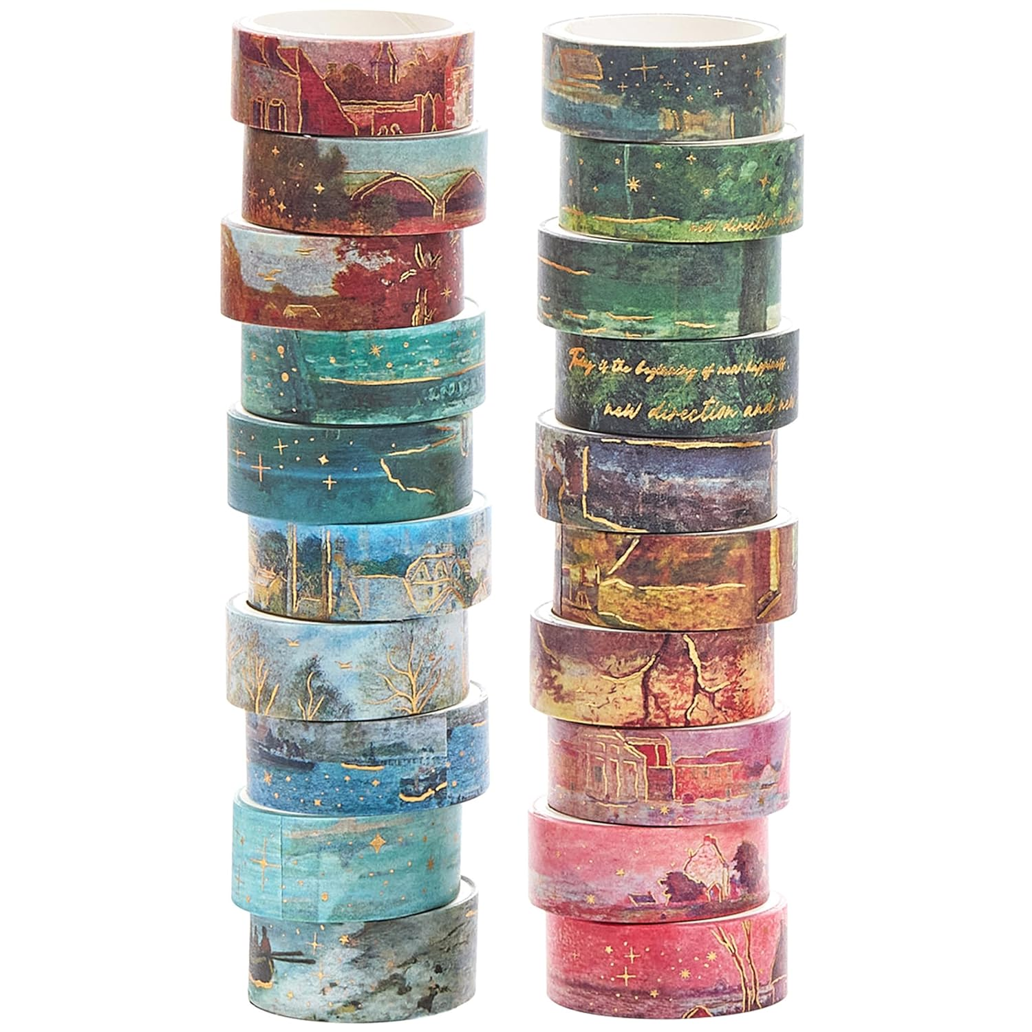 YUBX Landscape Washi Tape Set in Oil Painting Style 20 Rolls Scenery Drawing Masking Gold Foil Graphic Decorative Tapes for Arts, DIY Crafts, Journals, Planners, Scrapbook, Wrapping (Classic)