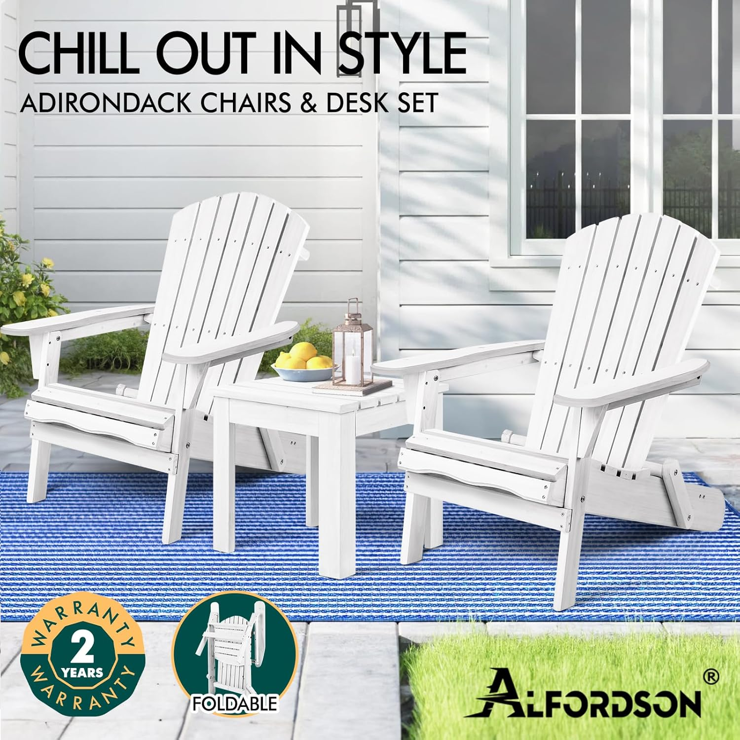 ALFORDSON 3Pcs Wooden Muskoka Adirondack Chair and Desk, Fir Wood Lawn Furniture Seater for Patio Garden Porch, Slatted Beach Armchair Lounge, 180Kg Weight Capacity, White Color - White image number 6