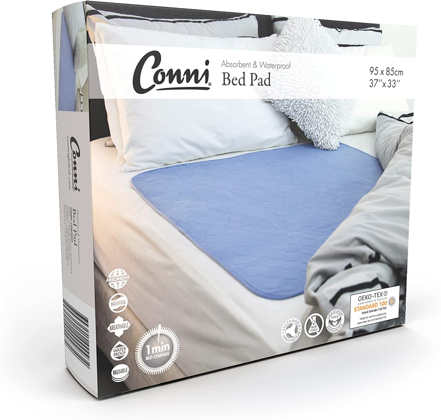 Conni Reusable Bed Pad, Absorbent, Waterproof and Washable Protector Pad for Incontinence, Bed Wetting and Perspiration, Charcoal, 95 X 85 Cm
