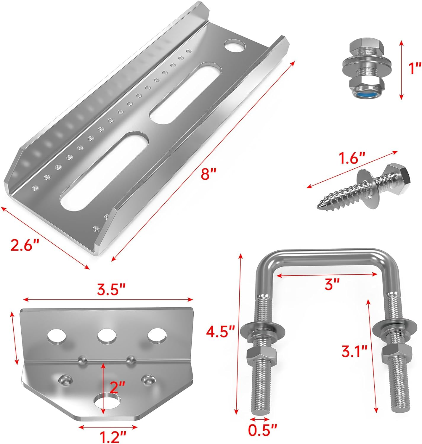 8 PCS 8" Galvanized Swivel Top Bunk Bracket Kit with Hardware for 3"X3"，2"X3",1.5"X3" Boat Trailer Crossmember, Boat Trailer Bunk Brackets & Square U-Bolts