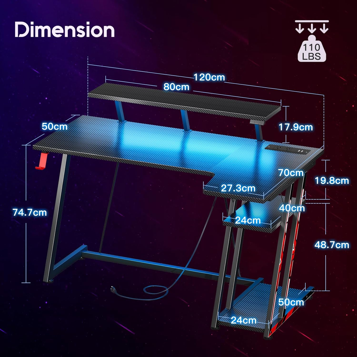 ODK L Shaped Gaming Desk with LED Lights& Power Outlets, Gaming Table with Monitor Stand, Corner Gaming Desk with Storage&Hook,Modern Simple Computer PC Desks, 120 * 70 * 92.8Cm, Carbon Fiber Black