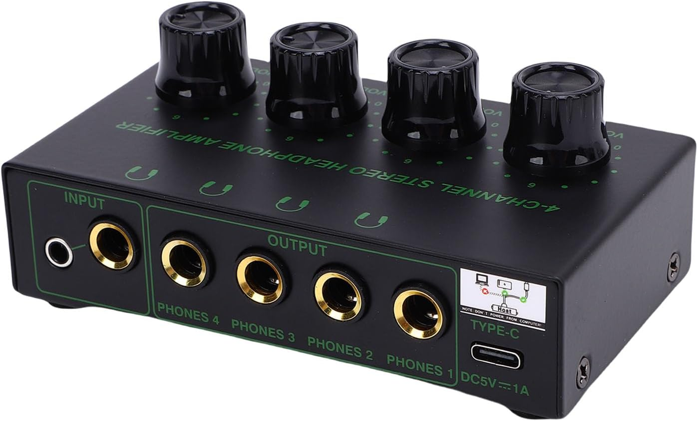 Generic Headphone Amplifier, 4 Channels Metal Stereo Audio Amplifier with Independent Volume Control, Stereo Headphone Amplifier with Knob Volume Adjustment for Studio Stage image number 5
