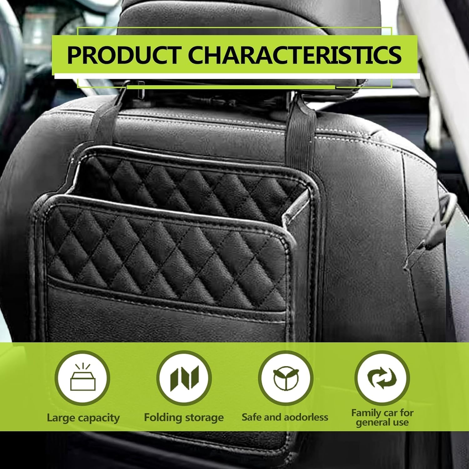 Car Seat Back Organizer, PU Leather Hanging Storage Bag for Suv/Truck &ndash; Waterproof, Easy to Clean, 9.96X9.84 Inch Multipurpose Organizer for Snacks, Phones, Baby Items & Trash (Black) image number 1