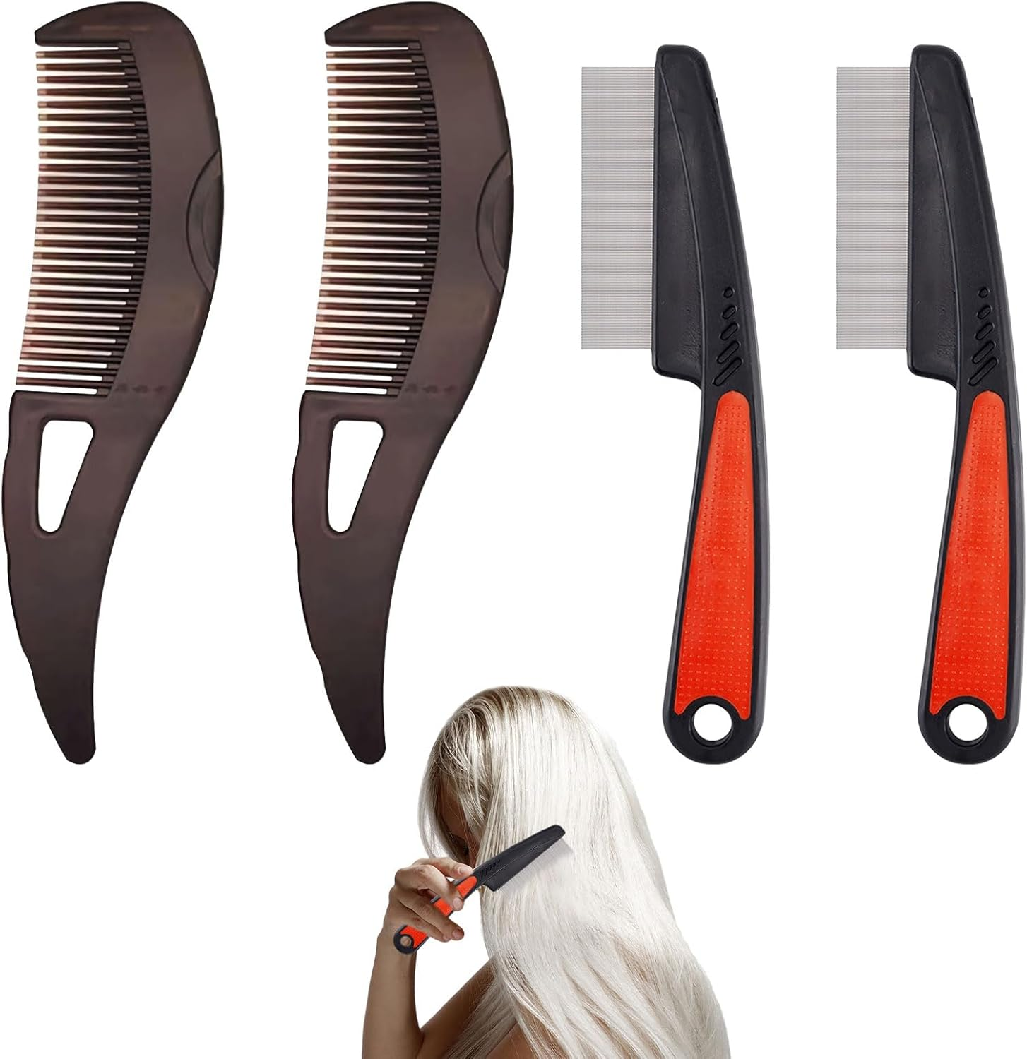 Dandruff Comb, Scalp Comb, Scalp Brush, 2Pcs Hollow Tooth Hairbrush Dandruff Comb and 2Pcs Stainless Steel Fine Tooth Dandruff Remover Comb, Scalp Sweep Detoxing Comb, Scalp Detox Comb image number 5