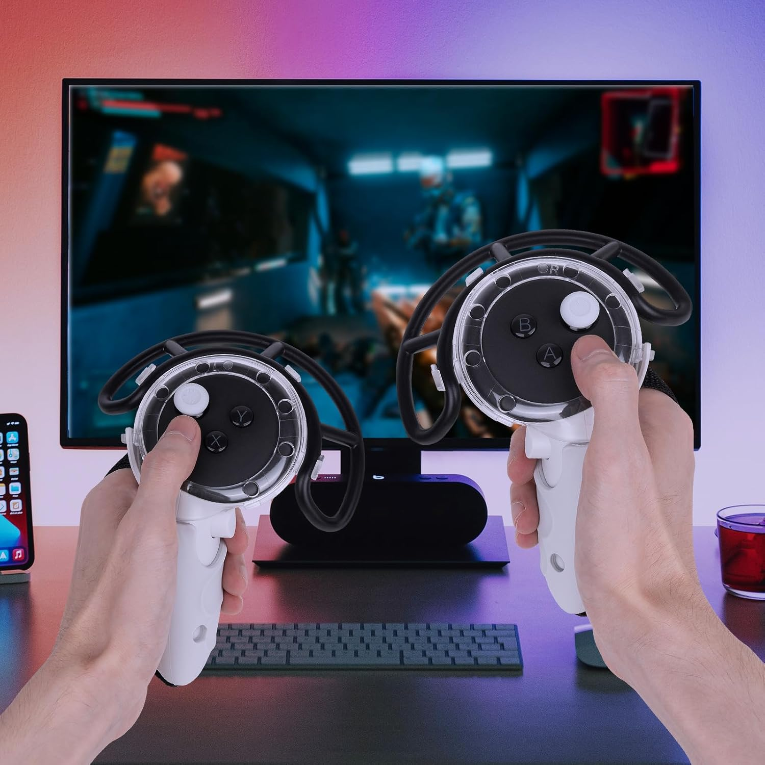 Geekria Anti-Collision Protection Frame Cover Set Compatible with Meta Q3, VR Controller Grips Cover, PC Clear Cover with Knuckle Strap Rocker, Handle Bumper Guard Set (White, 1 Pair) image number 6