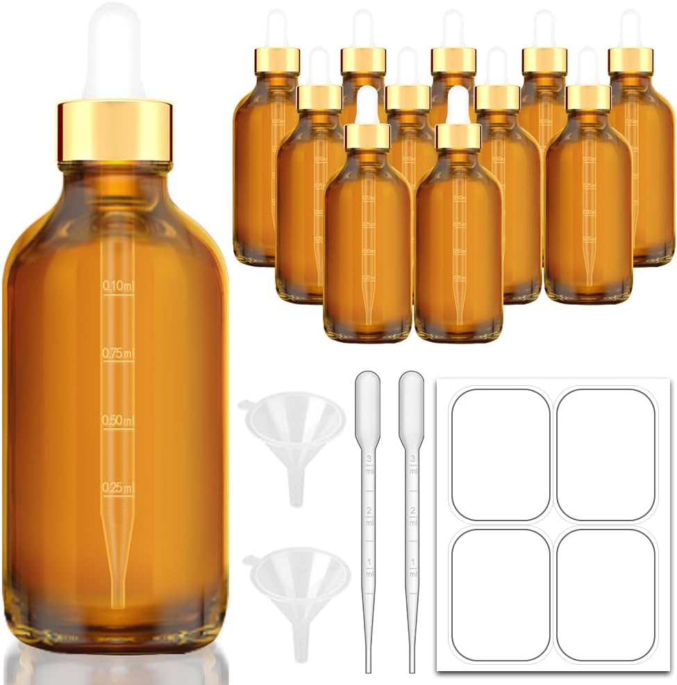 Bumobum Dropper Bottles 4Oz, 12 Pack Clear Glass Eye Dropper Bottle for Essential Oils with Labels and Funnels, Tincture Bottles with Golden Top (Unbreakable Plastic Dropper with Measurements)