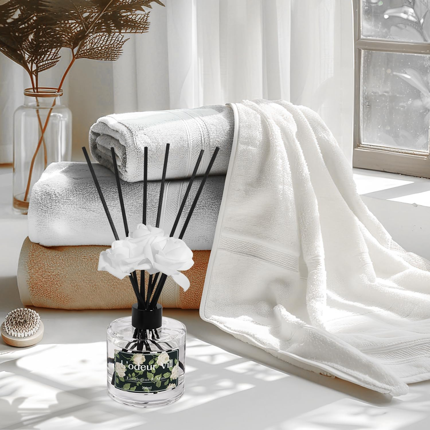 L'Odeur Vill Reed Diffuser Set, 6.7 Oz Eucalyptus & Mint Scented Diffuser with 6 Sticks, Reed Diffuser with 3 Artificial Rose Home Fragrance for Bathroom Shelf Decor image number 2