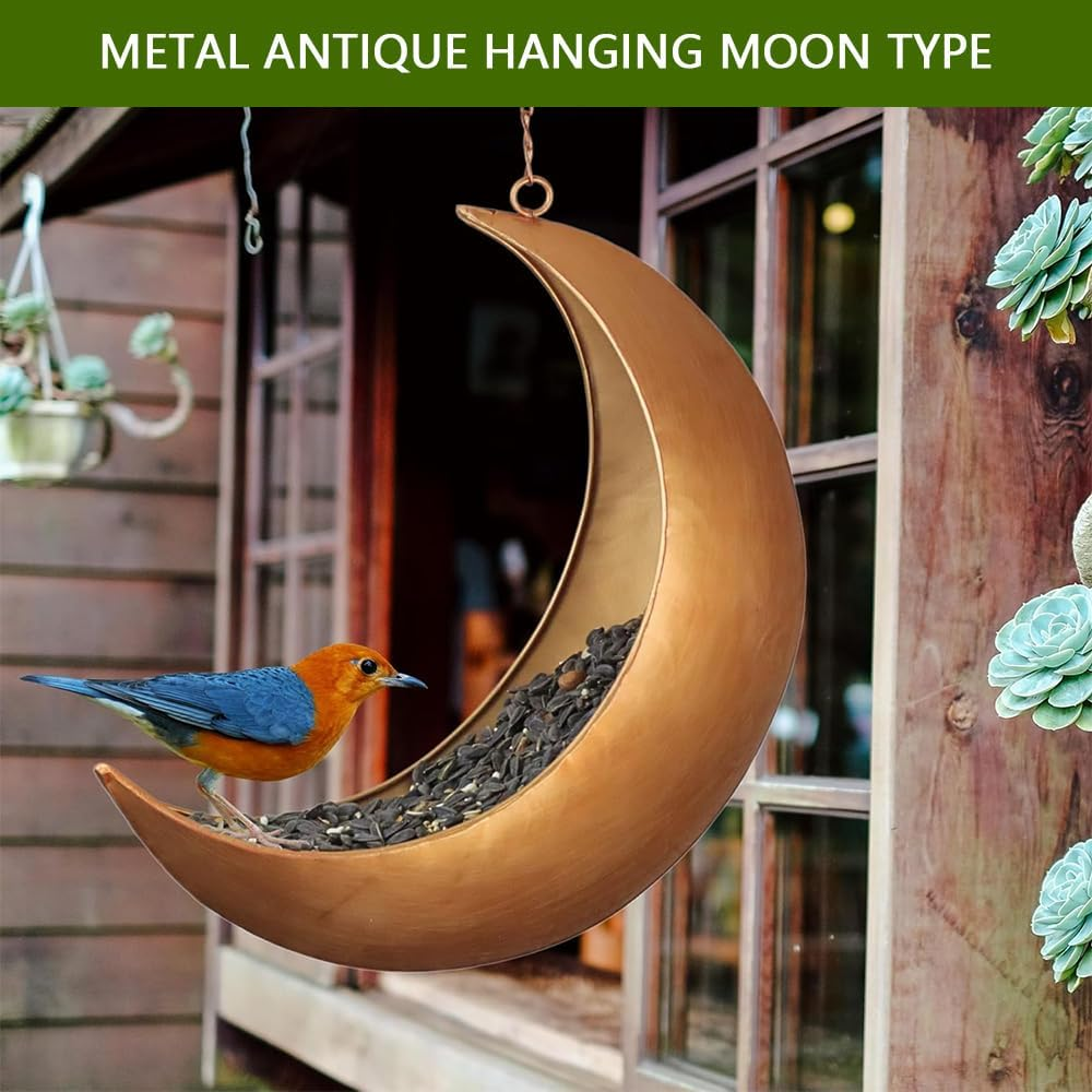 Hanging Crescent Moon Planter & Bird Feeder &ndash; Metal Hanging Decor with Drain Holes, Rust-Resistant Antique Gold Finish &ndash; Unique Moon Decor for Succulents, Air Plants, or Birdwatching image number 2