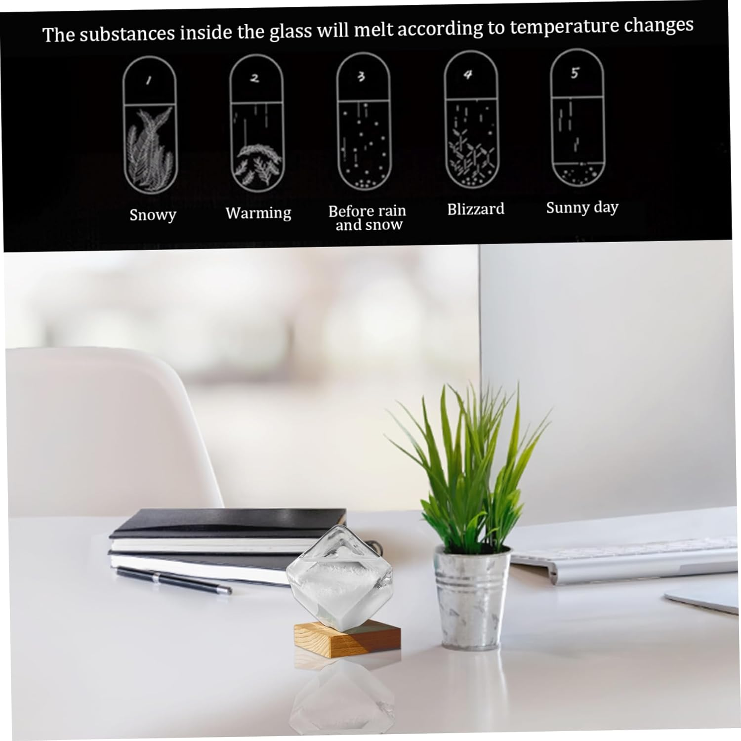 Storm Glass Weather Predictor, 4Inch Transparent Cube-Shape Storm Glass with Wooden Base, Desktop Weather Predictor for Home Office Decorations image number 5
