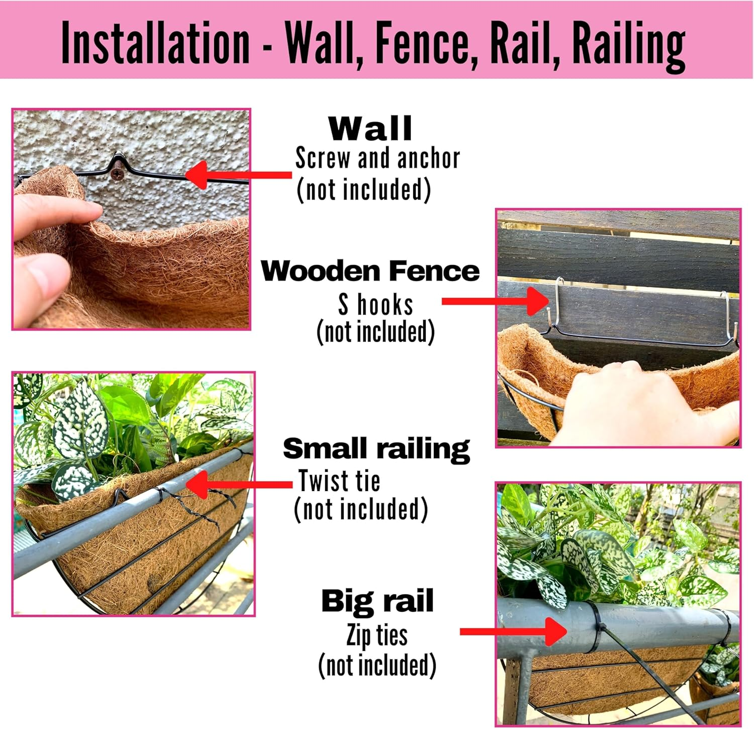 Lalagreen 16 Inch Wall Hanging Planters - 2 Pack, Large Wall Mounted Flower Basket with Coco Liner, Black Metal Horse Trough Window Herb Pot Holder Outdoor Plants Fence Rail Railing Deck Porch Balcony image number 1