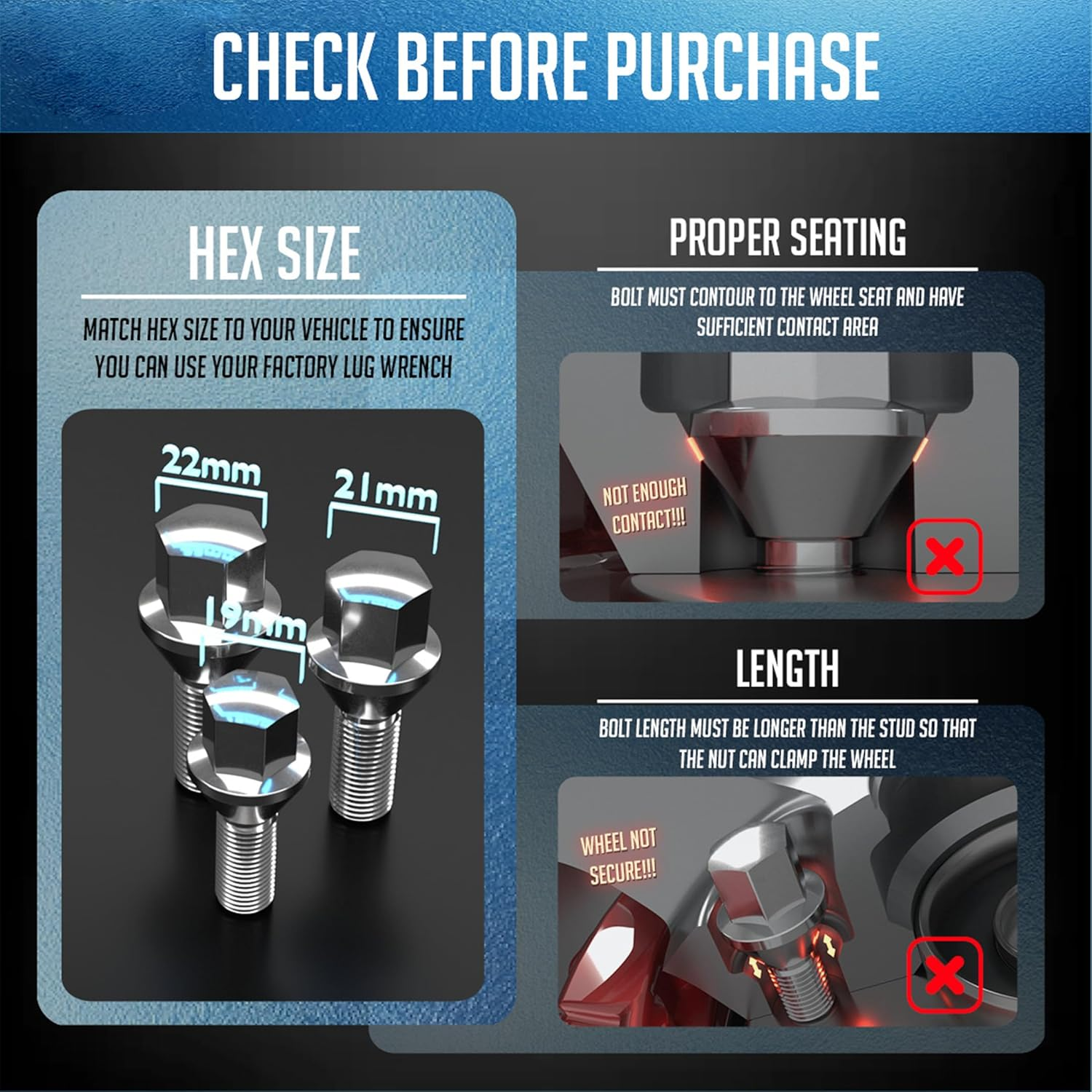 Wheel Accessories Parts Set of 20 Black 14X1.5 Lug Bolts Conical Seat with 17Mm Hex, 30 Mm Shank Length, Acorn Seat Lug Bolt Designed for Aftermarket Wheels (20 Bolts, Black, M14X1.5/14 1.5) - Nickel image number 4