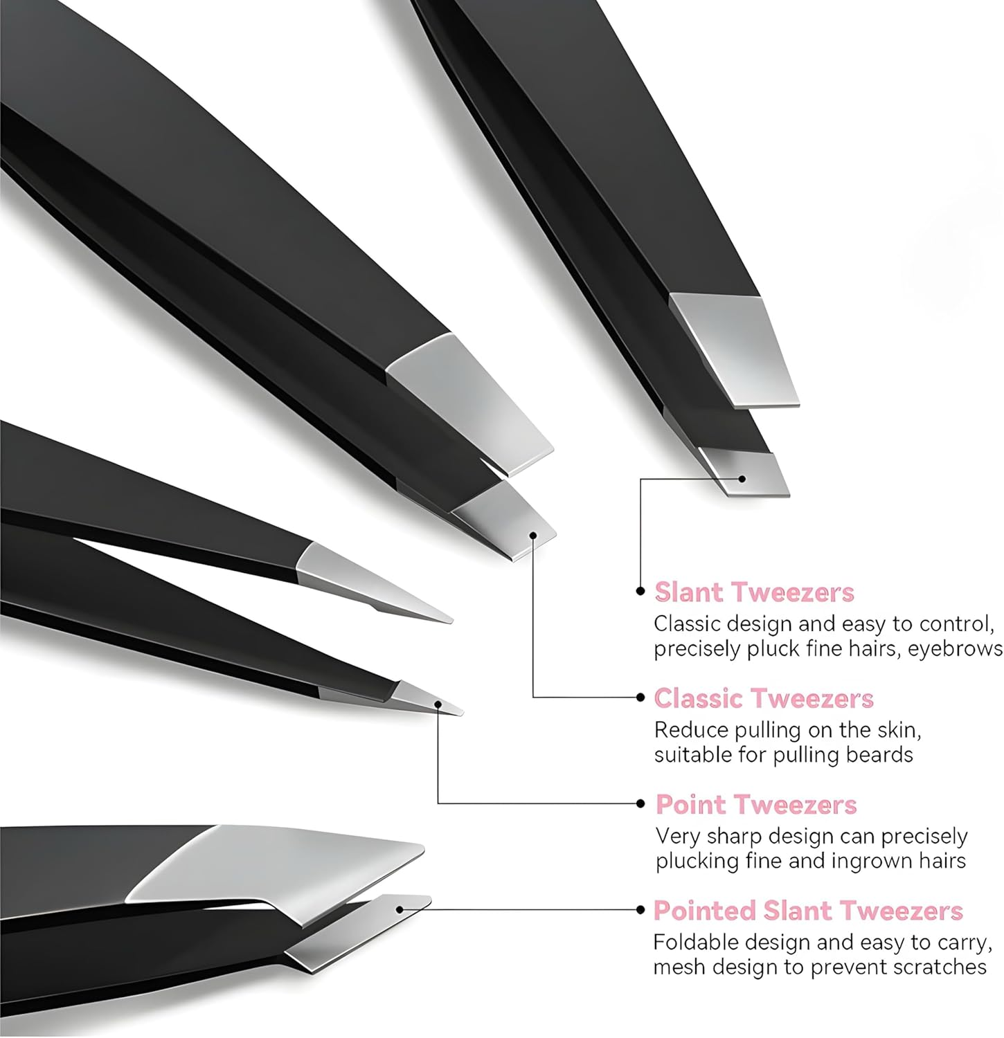 4PC Professional Tweezers Set for Men&Women&ndash;Premium Stainless Steel Precision Tweezers for Facial Hair Removal,Eyebrow Shaping,Ingrown Hair Extraction,Splinter&Fine Hair Grooming (BLACK) image number 4