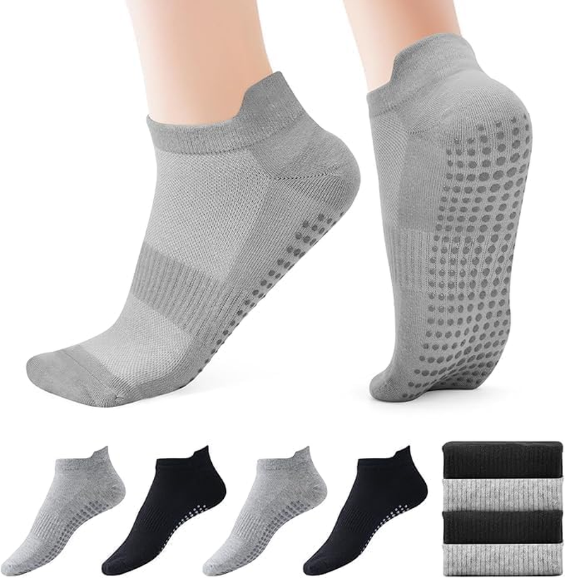 4 Pairs Pilates Socks Grip for Women Non-Slip Grippy Yoga Socks Ankle for Barre, Ballet, Barefoot Training & Workout Hospital Use