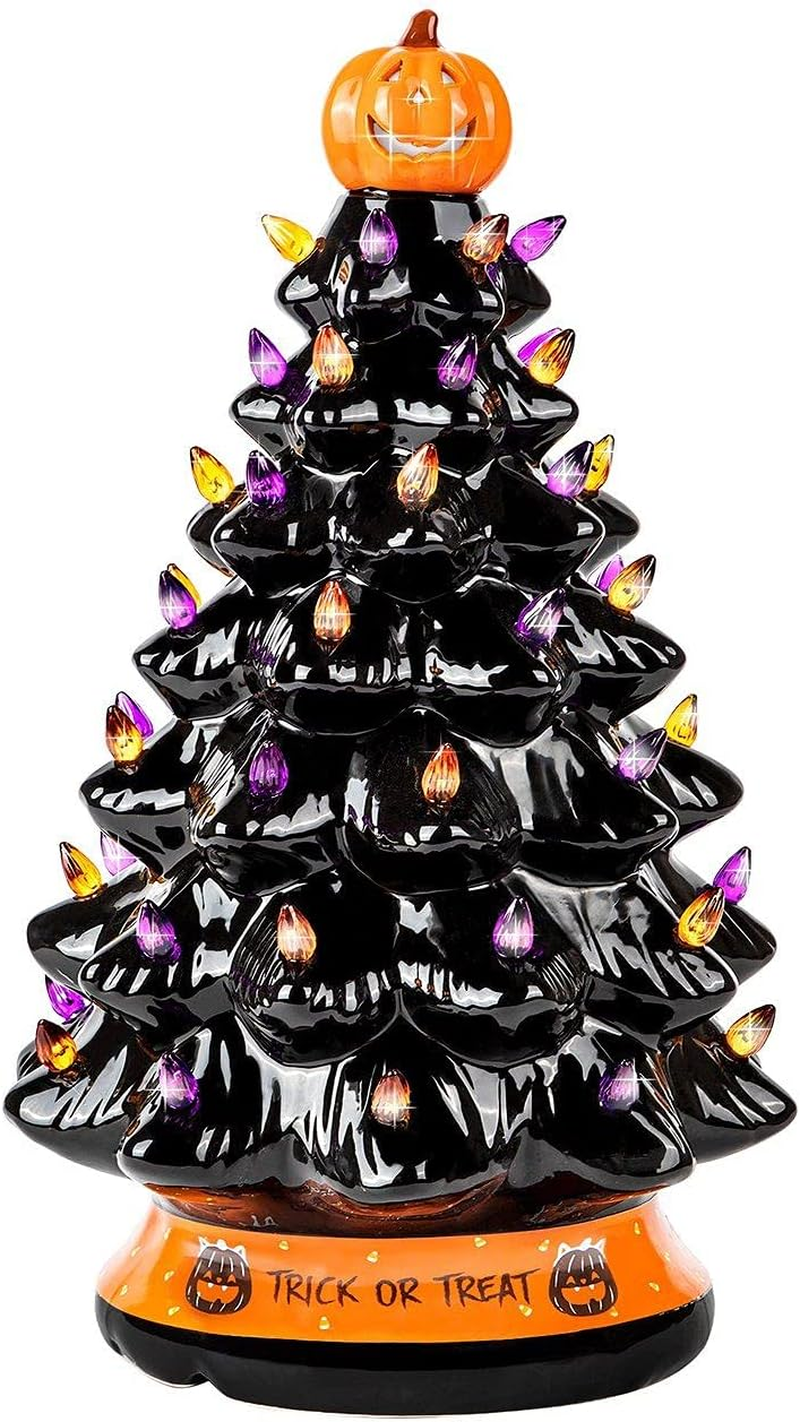 RJ Legend Ceramic Tree - Christmas Decorations, Orange Pumpkin Head-Home Decoration over 50 Multicolor Bulbs, LED Light up by Battery - Black, 15 Inch