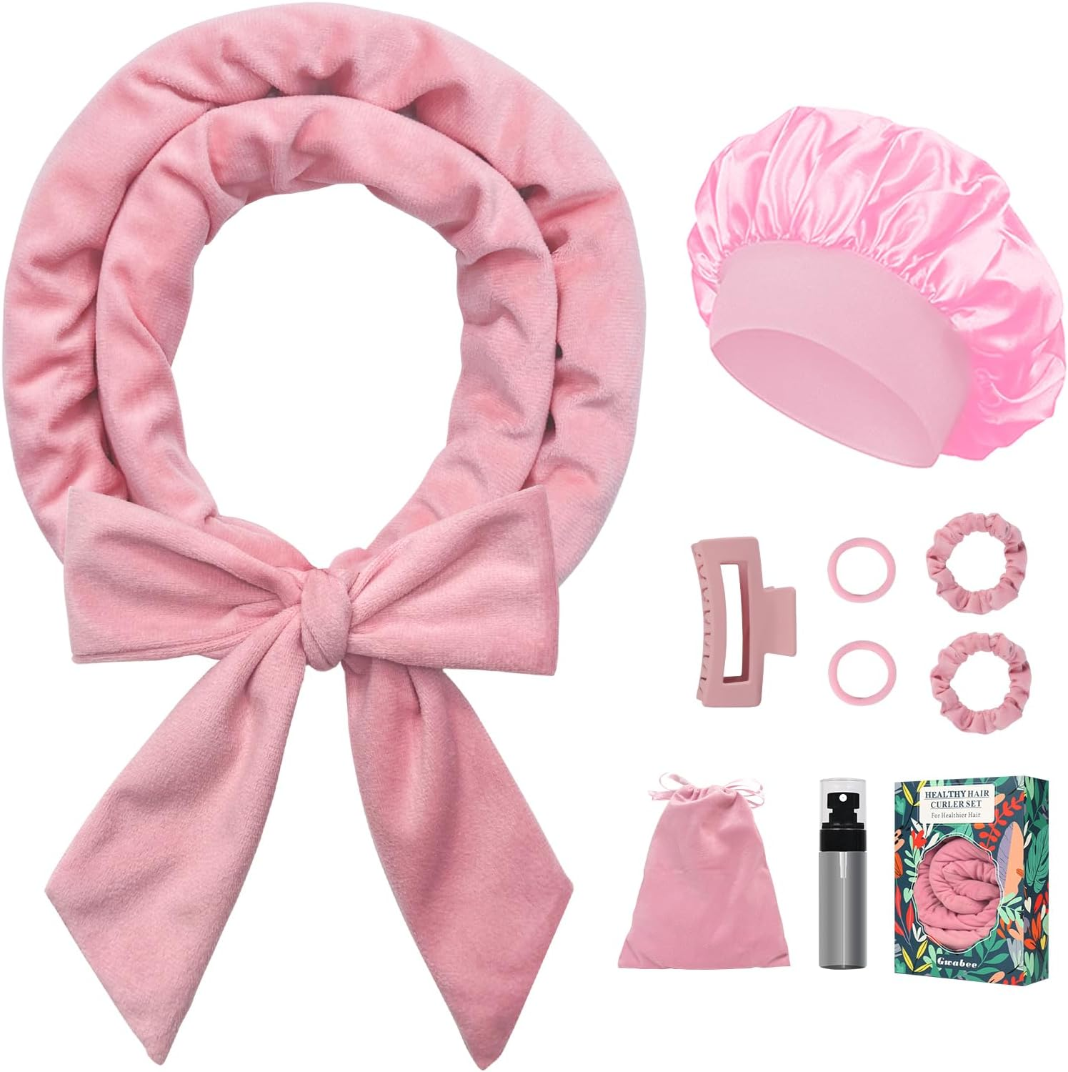 Gwabee No Heat Overnight Curl Headband, 70" Soft Ribbon Curl Wrap for Long Hair - 9 PCS Rods Set with Bonnet, Pink - Black image number 5
