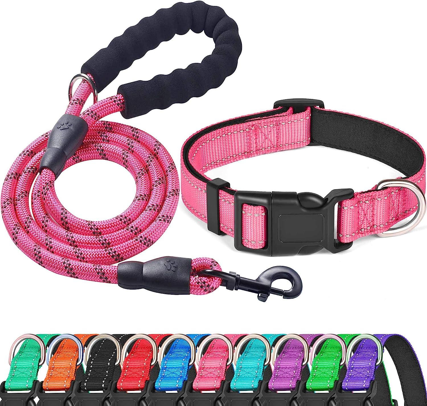 Reflective Dog Collar Padded with Soft Neoprene Breathable Adjustable Nylon Dog Collars for Small Medium Large Dogs (X-Small (Pack of 1), Purple Collar+Leash)