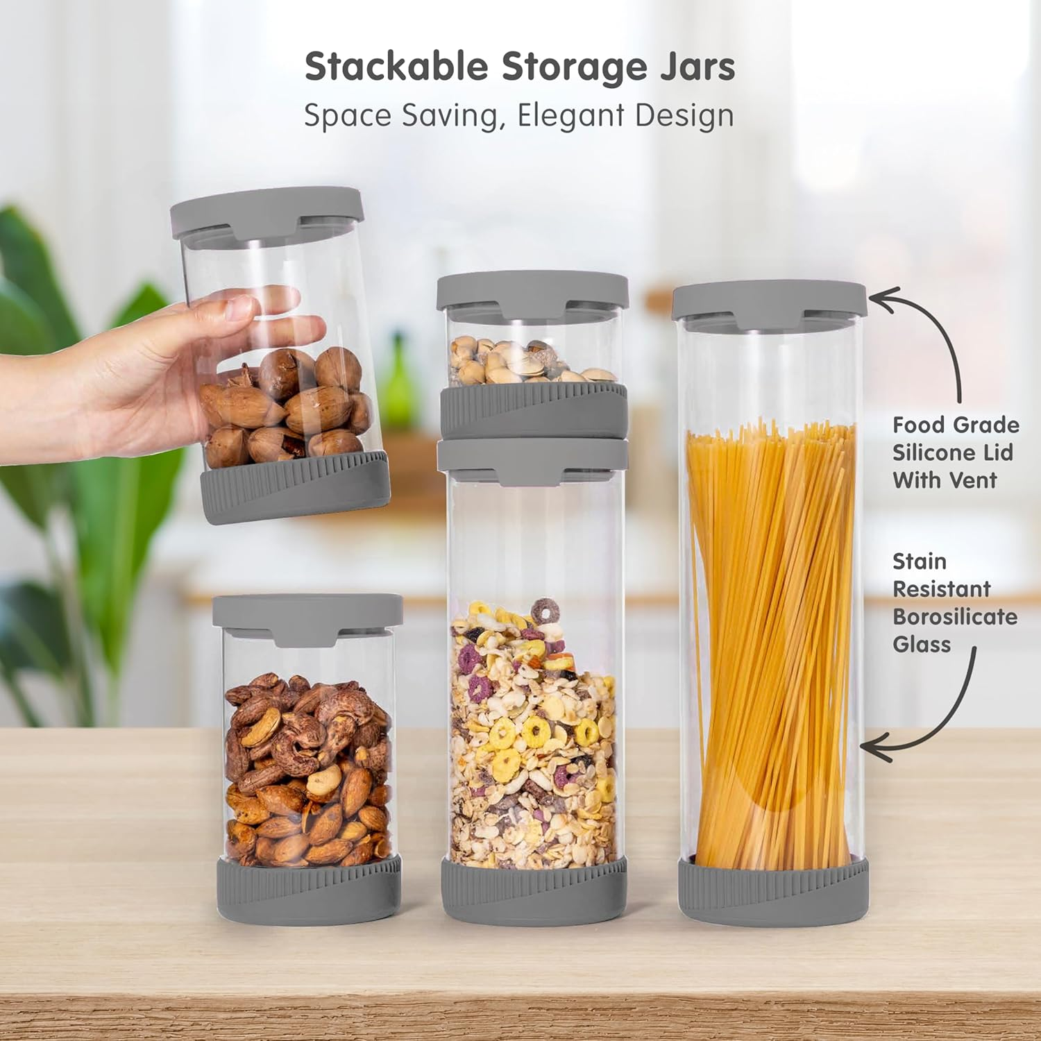 Ana Wiz Stackable Glass Storage Jar, with Airtight Vent & Silicone Base | Four Sizes & Two Colour Options, Perfect Kitchen Organisation (Charcoal - 1000Ml) - Charcoal - 2000Ml image number 6
