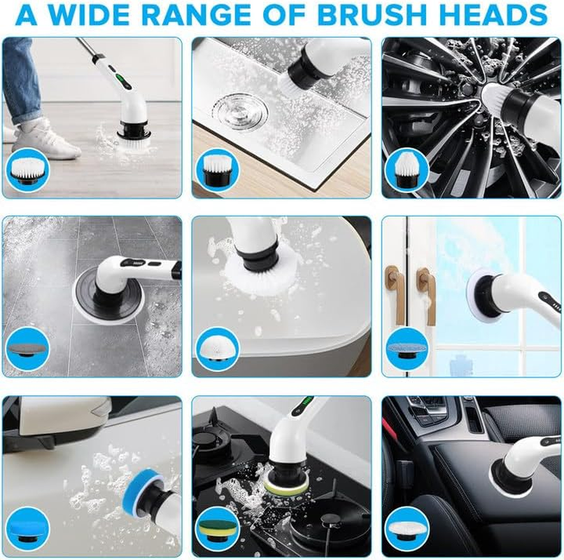 Necomi Electric Rotary Scrubber,Adjustable Handle Long Handle Electric Cleaning Brush with 9 Replaceable Brush Heads,2 Adjustable Speeds,Rechargeable,Suitable for Bathroom, Kitchen, Tile,Car Cleaning image number 1