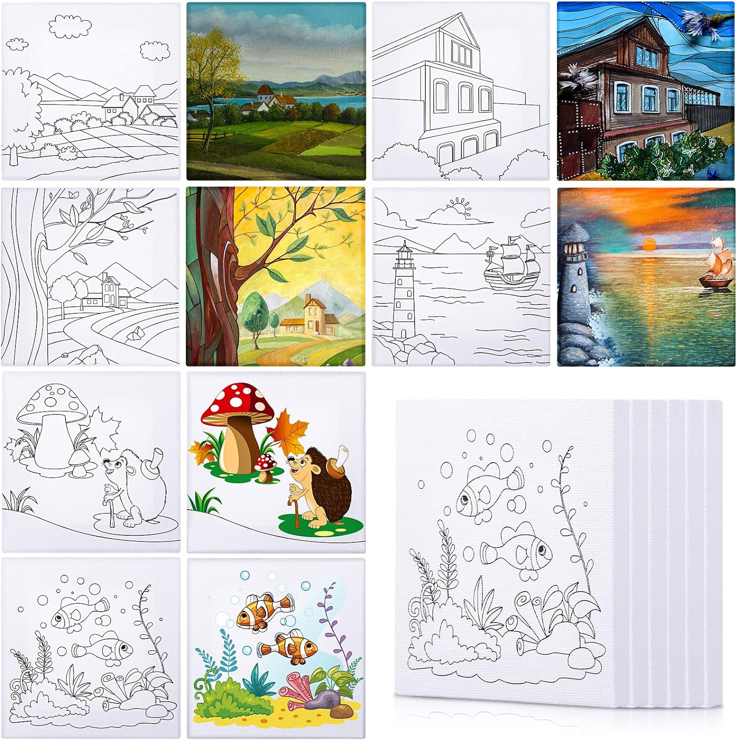 Meanplan 12 Pcs Pre Drawn Canvas for Painting for Adults 4 X 4 Inch Pre Printed Stretched Canvas with Pictures to Paint DIY Outline Boards for Party Favor Beginner Art Gifts(Village and Sea Style) image number 3