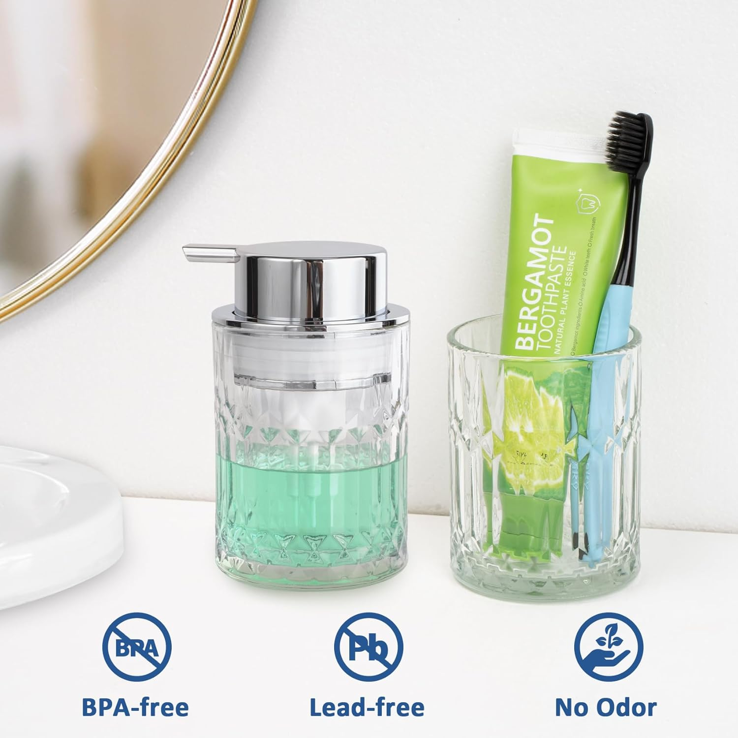 Bathroom Glass Soap Dispenser with Durable Rust-Proof Plastic Foam Pump Hand Lotion Dispenser Antislip Shampoo Kitchen 10Oz - Liquid-001-Gold image number 4