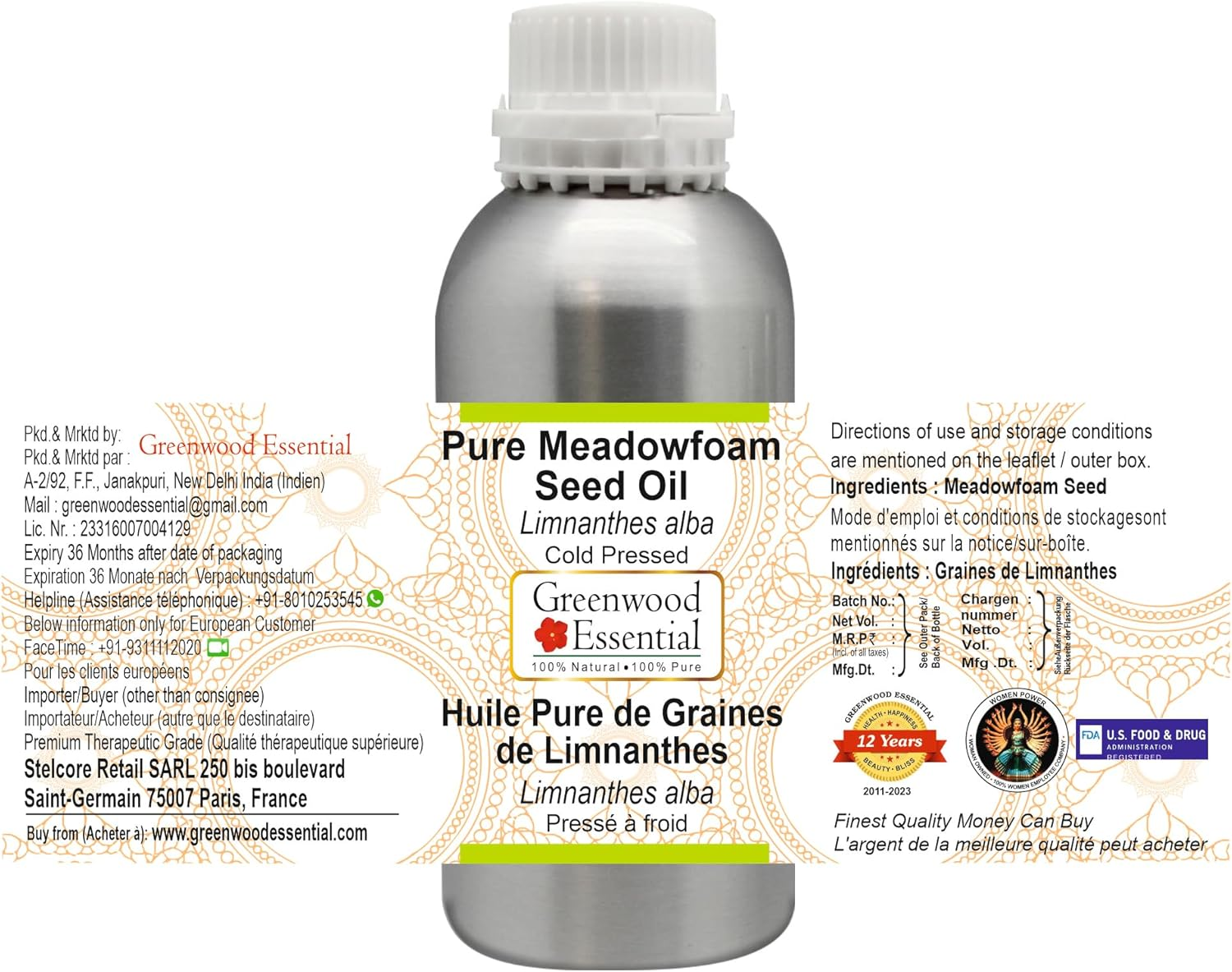 Greenwood Essential Pure Meadowfoam Seed Oil (Limnanthes Alba) Cold Pressed 300Ml (10 Oz)