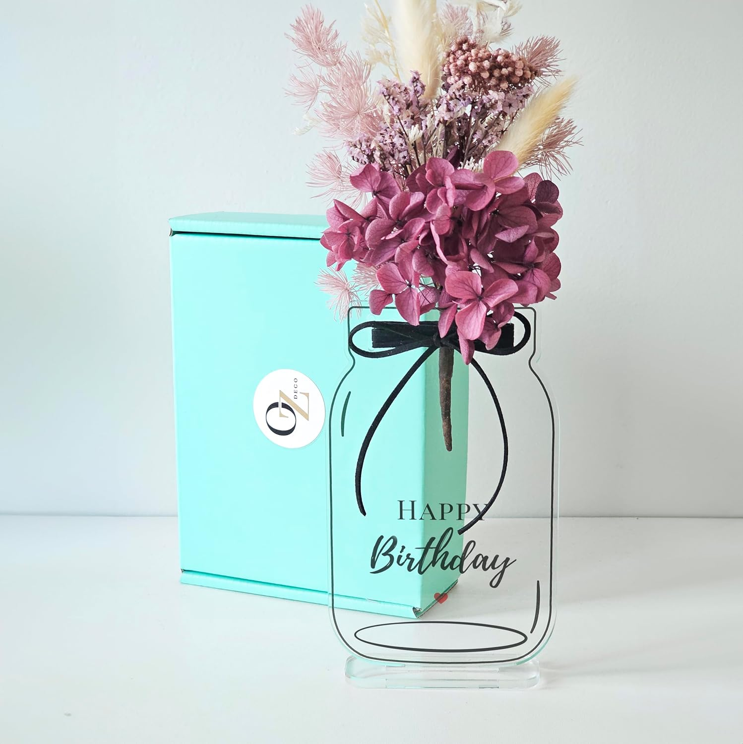 Acrylic Flower Holder Plaque with Real Dried Flowers &ndash; Handmade Gift Keepsake, Freestanding Mason Jar Design (Happy Birthday) image number 4