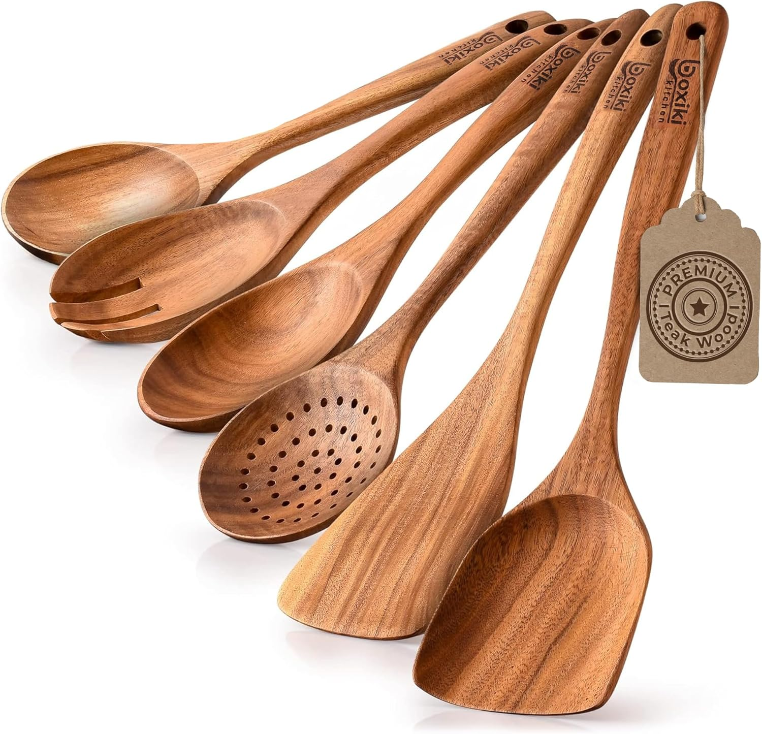 Luxury Teak Wood Utensil Set - Elegant 6-Piece Cooking Ensemble Including Spoons, Server, Scraper & Spatula - Expertly Crafted for Culinary Excellence