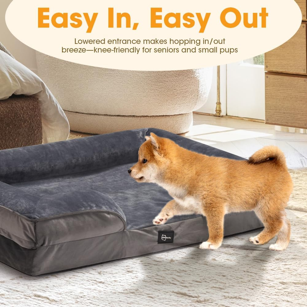 Petzly Orthopedic Dog Bed with Sides &ndash; Soft Dog Sofa Bed for Small & Medium Dogs with Plush Egg-Crate Foam, Removable Washable Cover, Medium(71X58X18Cm), Grey image number 1