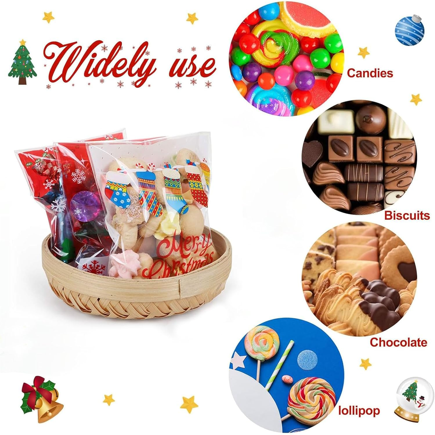 Christmas Self-Adhesive Candy Cellophane Bags,Tuoyi 200Pcs 4 Different Patterns Xmas Treat Cookie Bags for Christmas Holiday Party Favor Gift Decoration Supplies