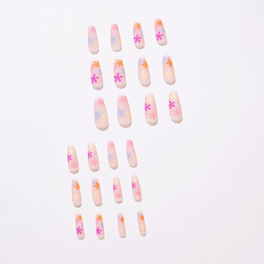 24Pcs French False Nails, with Colorful Flower Pattern Fake Nails,Matte Nude Pink Coffin Full Cover Nails Tips for Women & Girls image number 1