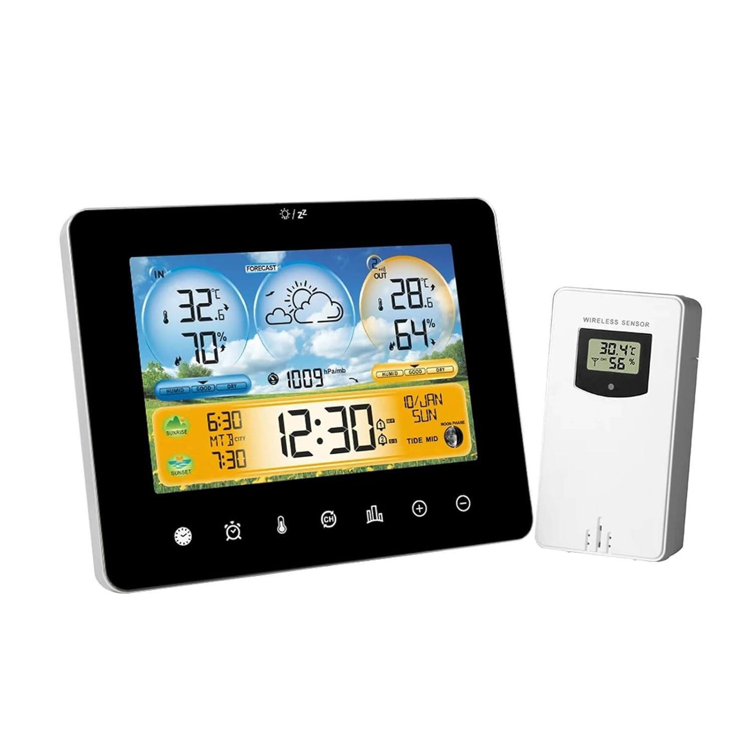 Touch Screen Color Display Weather Station Alarm Clock Home Temperature Humidity Meter Sun Time Barometer Tide Forecast Sensor image number 1