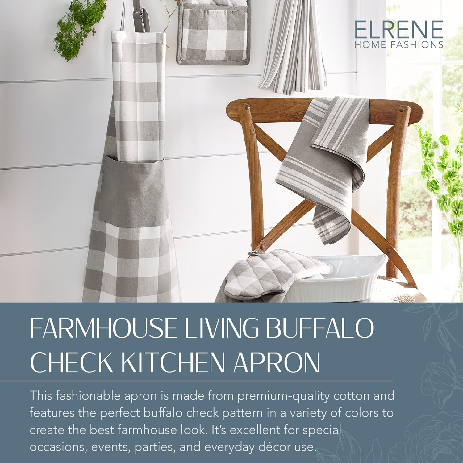Elrene Home Fashions Farmhouse Living Buffalo Check Collection, Cotton, Gray/White, 28" X 33" (Apron) image number 2