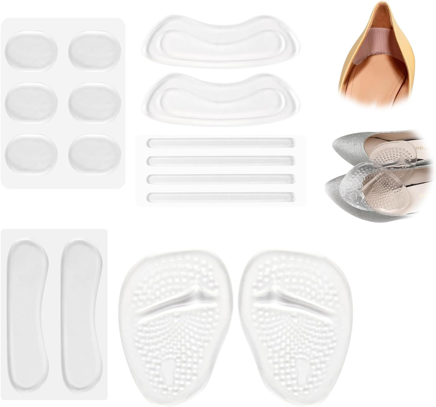 16 Pcs Heel Grips Liner Cushions Inserts, Self-Adhesive Tongue Pads Heel Grip for Shoes for Women and Men, 5 Shapes to Anti-Slip Improve Shoe Fit & Prevent Foot Pain Blisters (Clear) image number 1