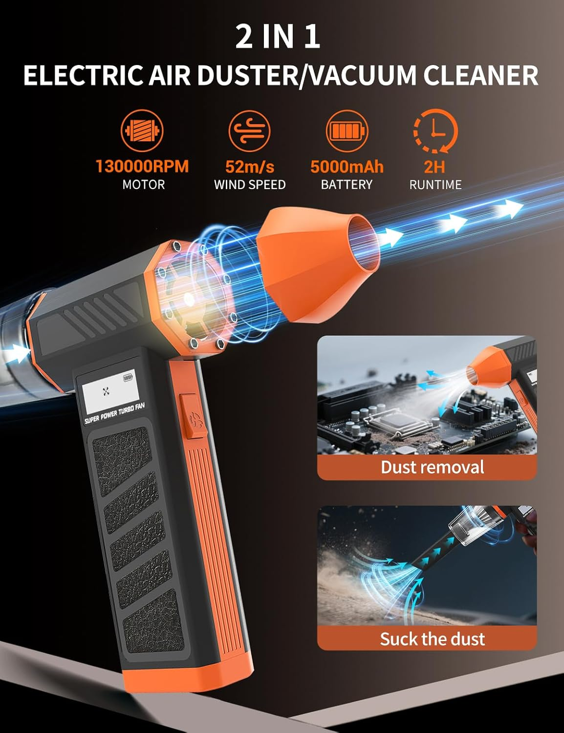 2-In-1 Electric Air Duster Mini Vacuum - Compressed Air Blower with Suction Head, 52M/S Cordless Computer Keyboard Cleaner, Rechargeable PC Accessories Dust Collector (5000Mah) image number 6